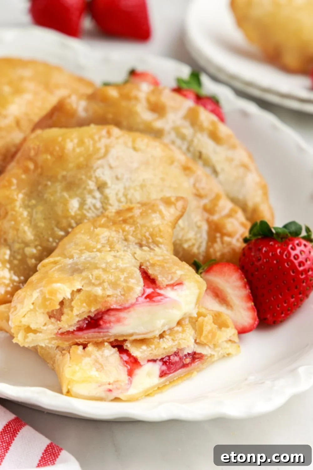 Deep Fried Strawberry Cheesecake Pies artfully laid out on a plate, with one pie torn in half to vividly showcase the creamy cream cheese and vibrant strawberry filling.