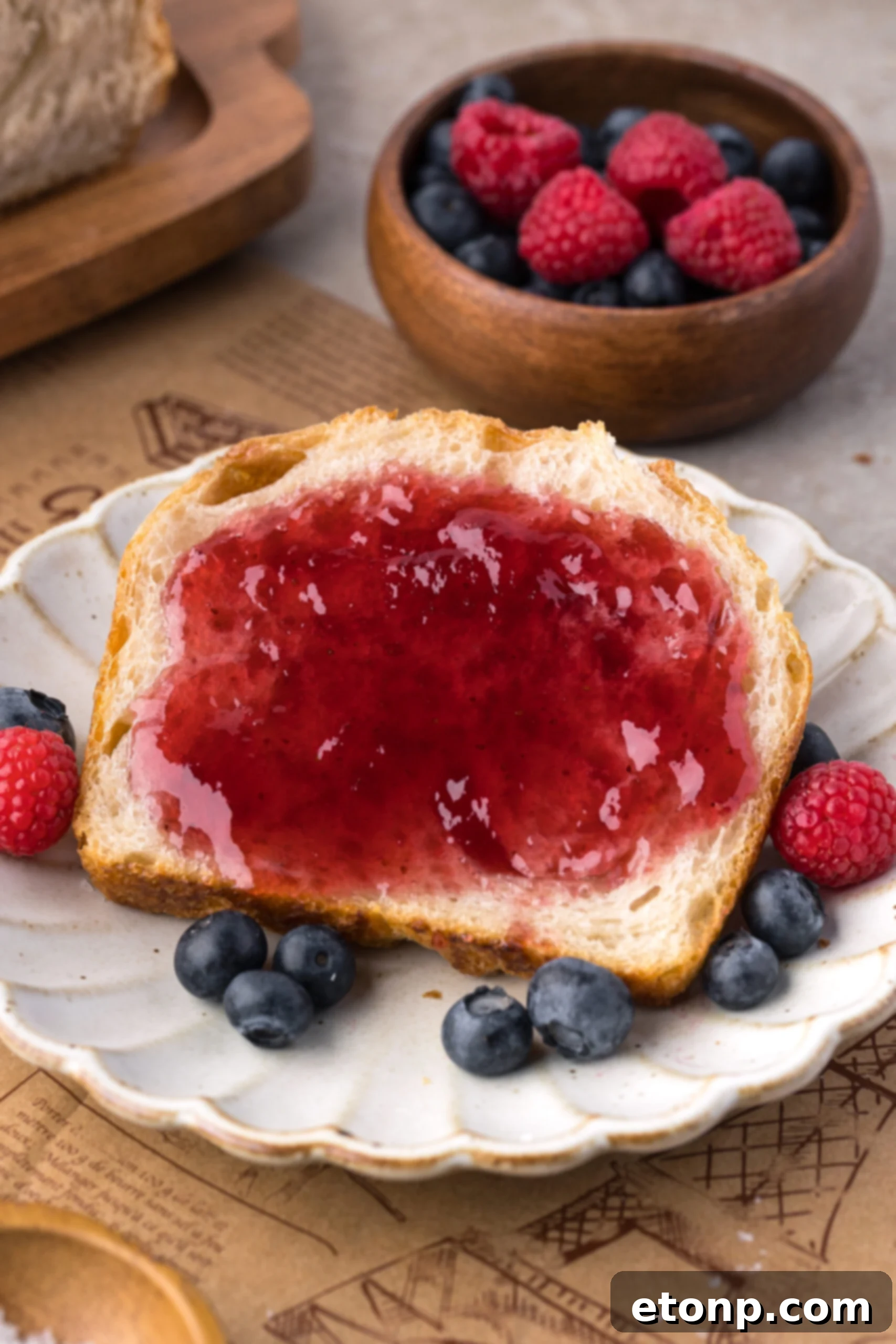 Homemade Sourdough Bread sliced and covered in jam