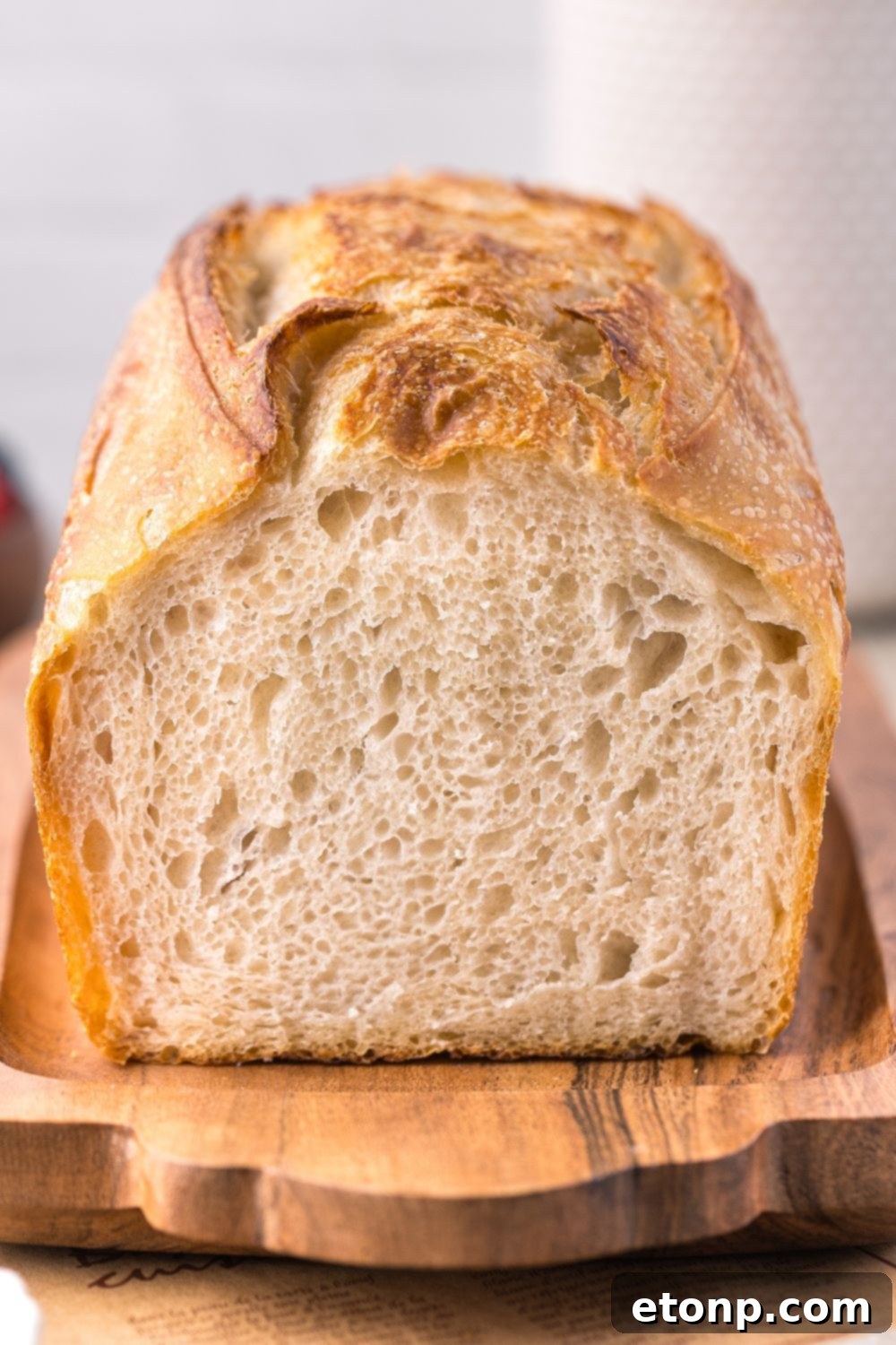Homemade Sourdough Bread on a cutting board with some cut off to see the chewy center of bread 