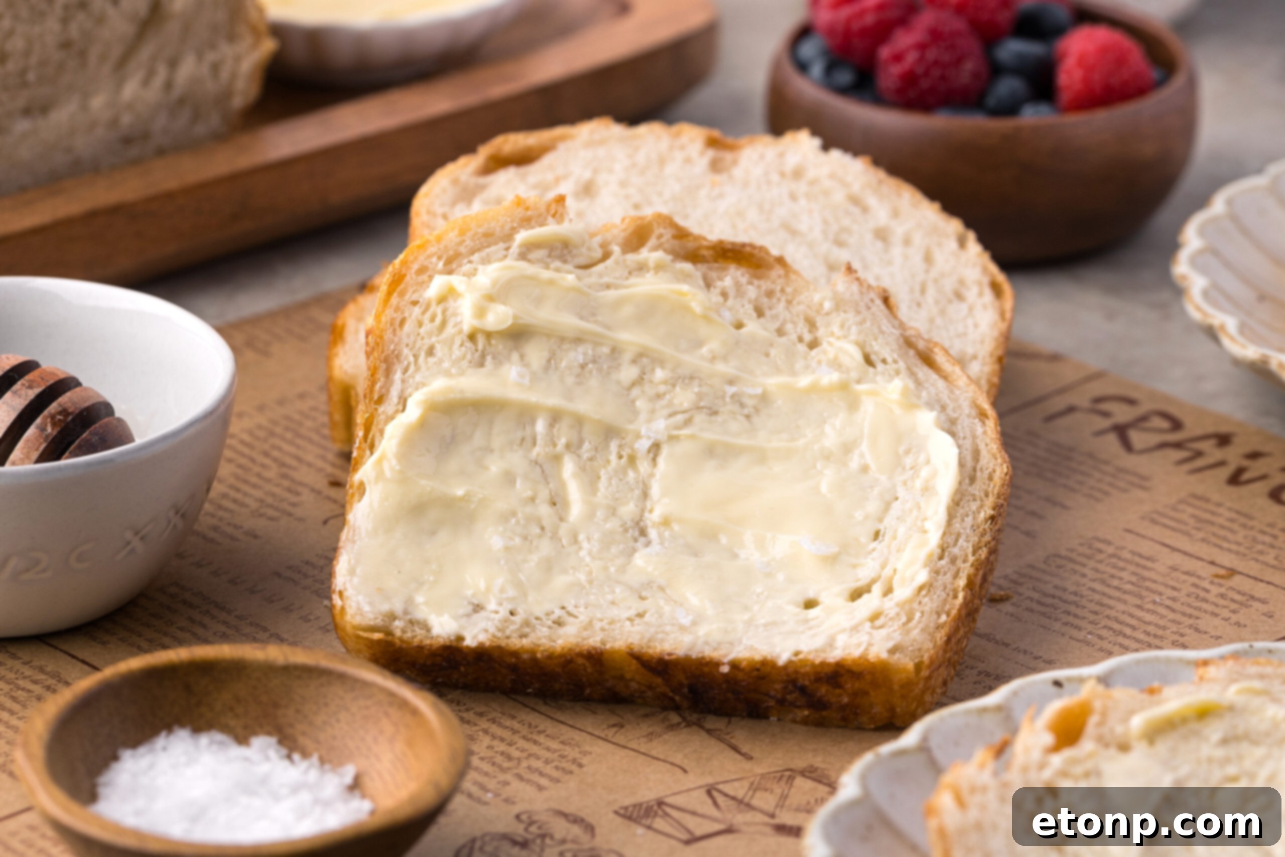 Homemade Sourdough Bread sliced and buttered sitting on a table 