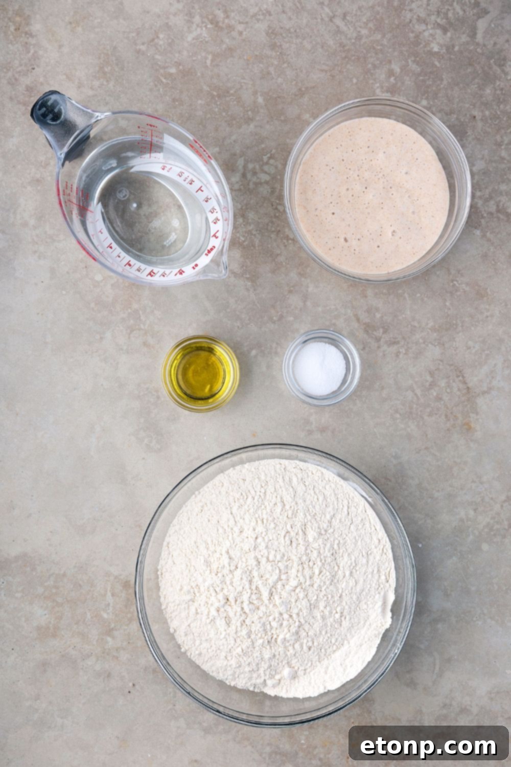 ingredients for Homemade Sourdough Bread in single serve bowls on counter 