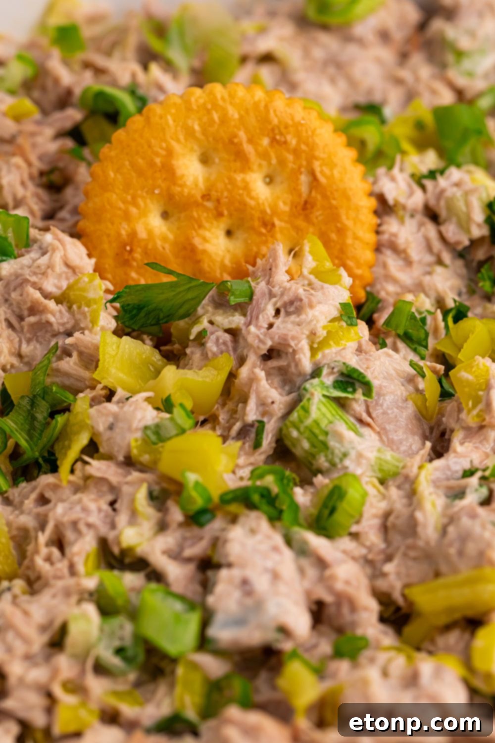 Pepperoncini Ranch Tuna Salad with a Ritz cracker pressed into the mixture, showcasing its creamy texture