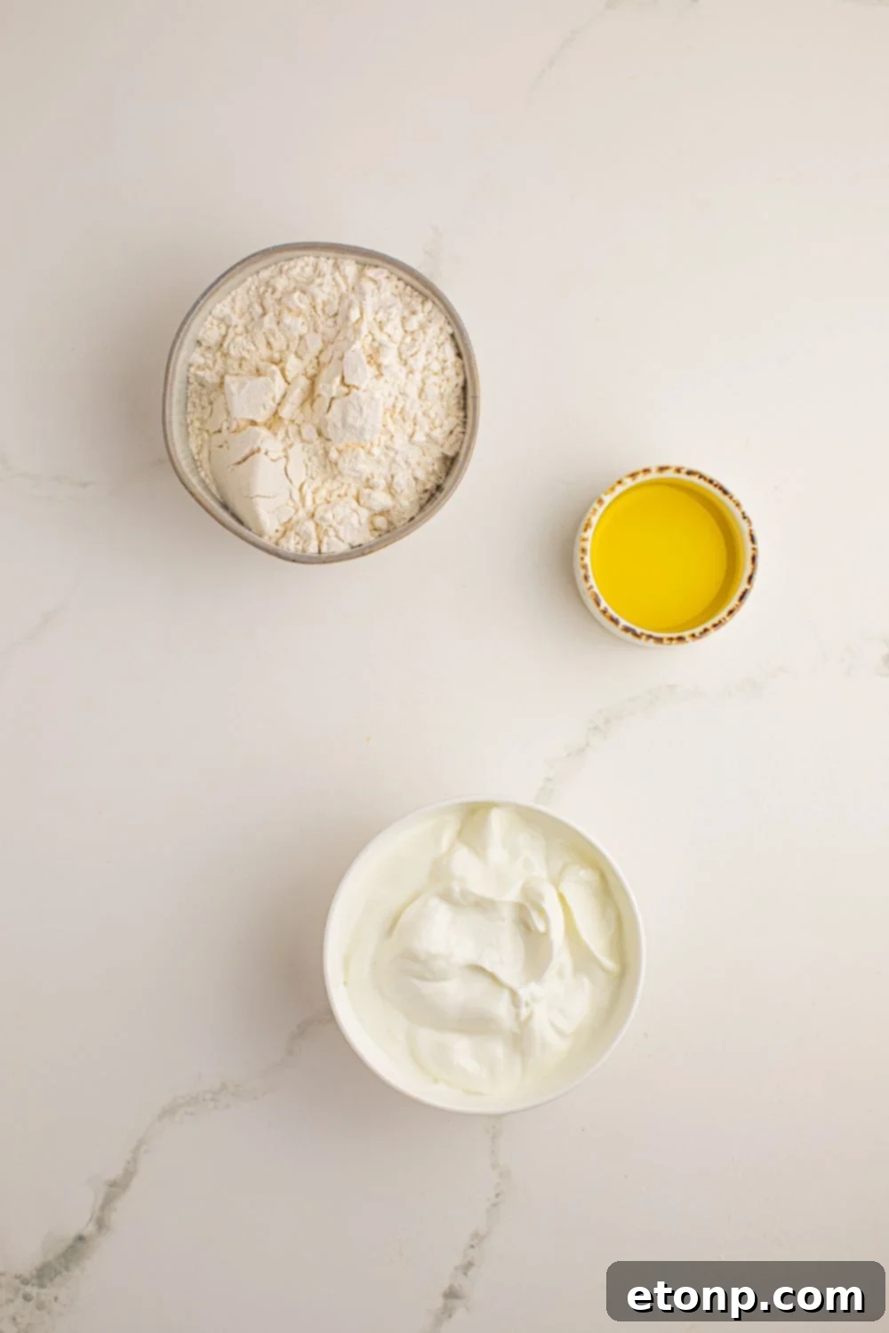 ingredients for 3 Ingredient Flatbread in single serve bowls on table 