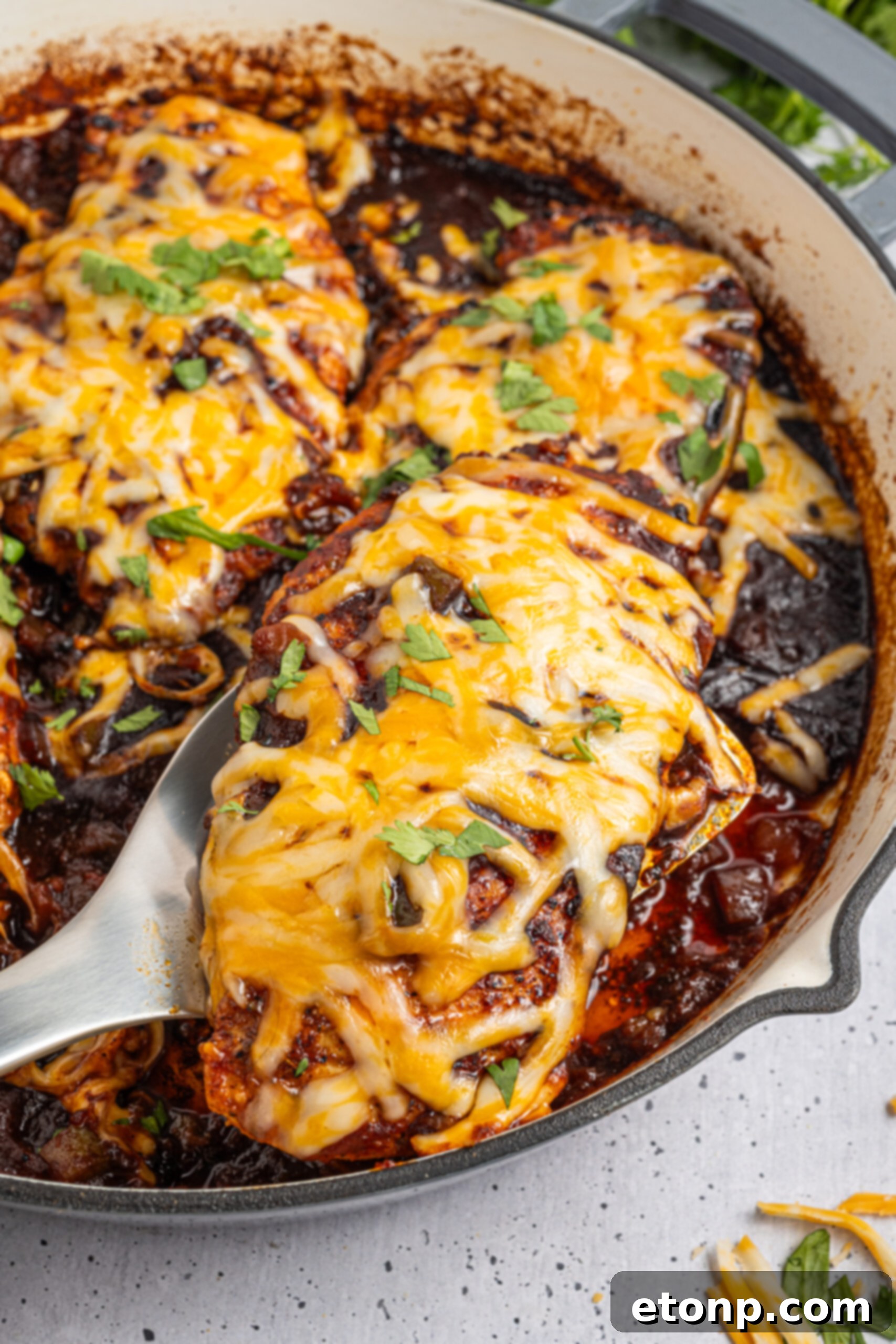One Pan Cheesy Salsa Chicken 2 Cheesy Salsa Chicken in a skillet up close covered in cheese