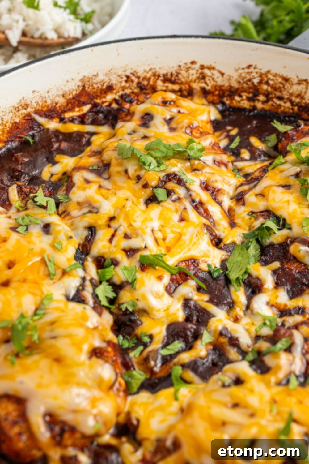 One Pan Cheesy Salsa Chicken 12 Cheesy Salsa Chicken in a skillet on table with parsley