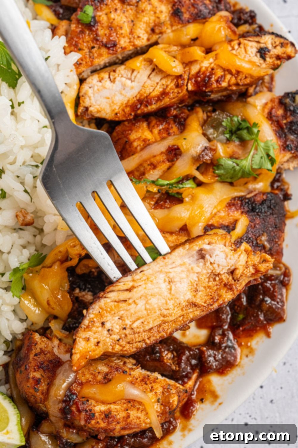 One Pan Cheesy Salsa Chicken 18 Cheesy Salsa Chicken on a fork and a bed of rice to the side