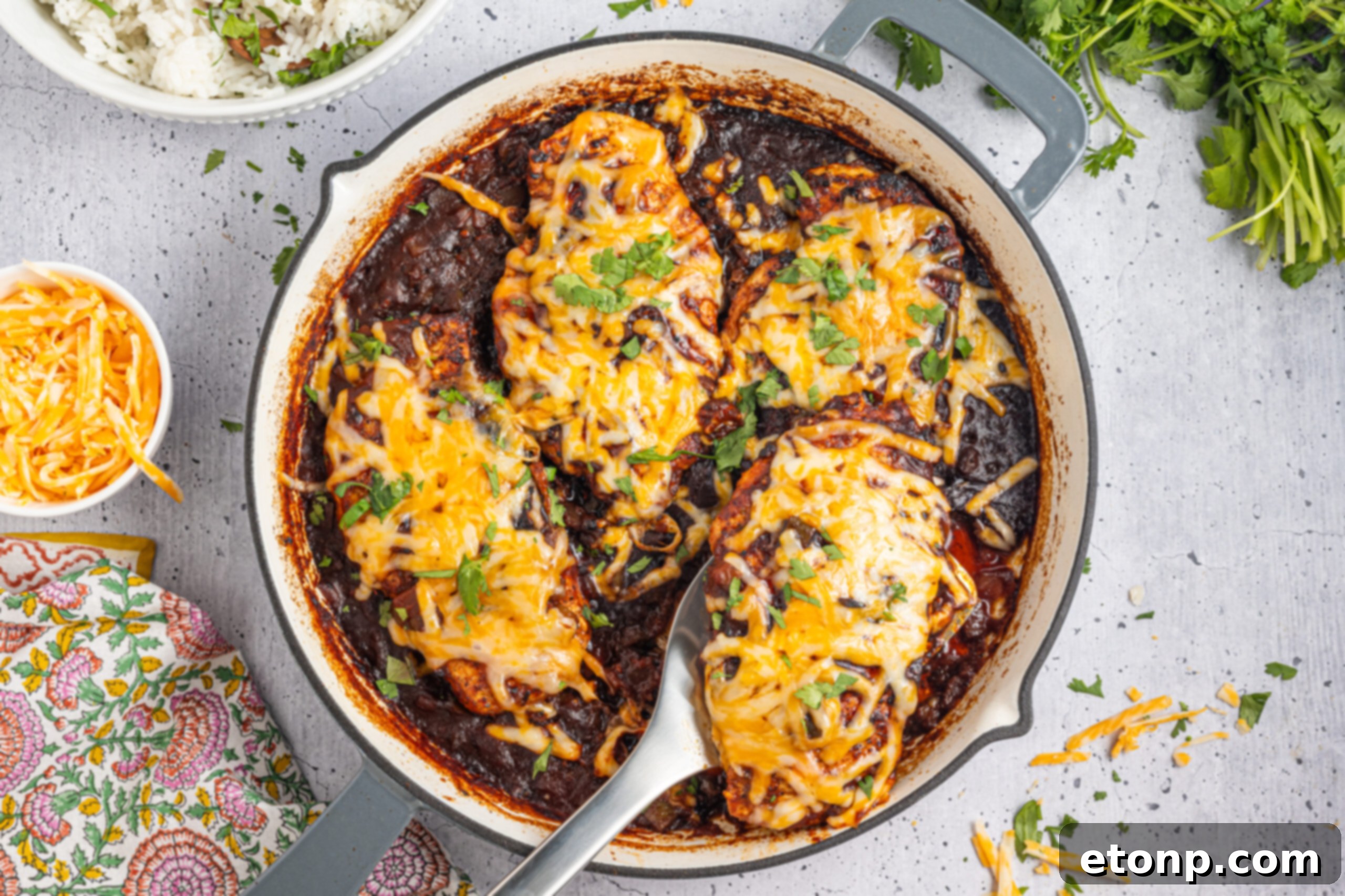 One Pan Cheesy Salsa Chicken 23 overhead shot of the delicious Cheesy Salsa Chicken in a pan