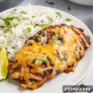 Cheesy Salsa Chicken on plate with rice and lime