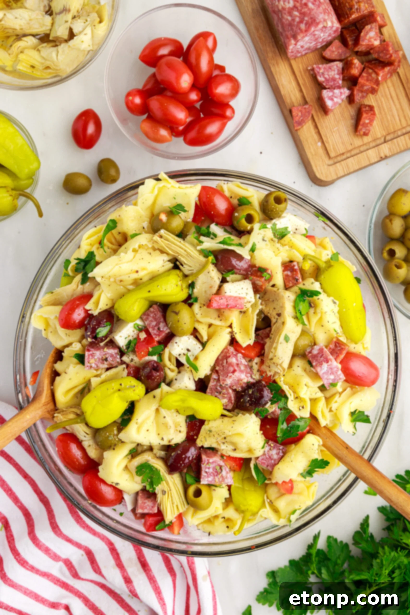 Antipasto Tortellini Pasta Salad in a bowl, surrounded by its fresh ingredients like olives, tomatoes, and bell peppers, creating an inviting display.