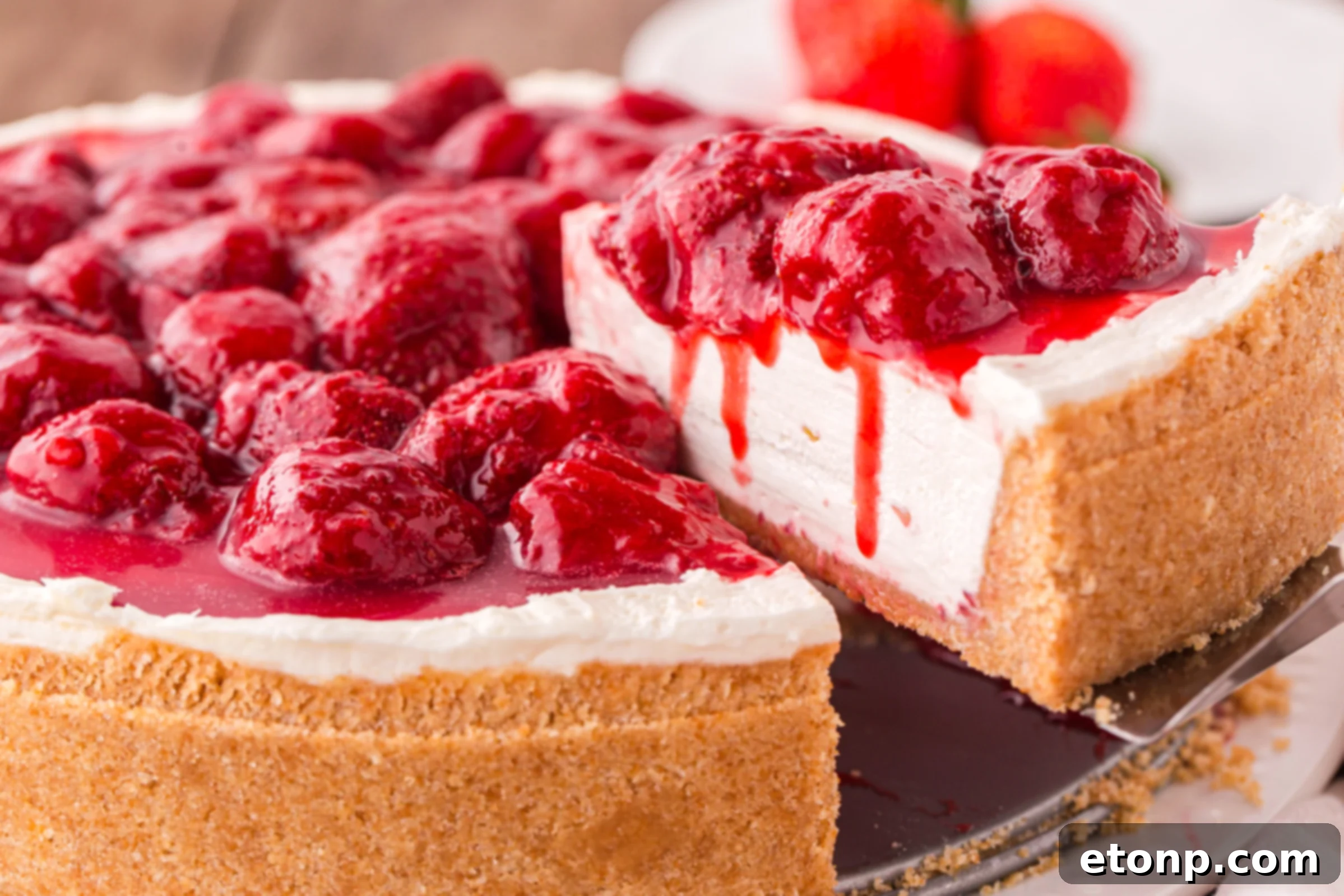 A slice of No Bake Strawberry Cheesecake being lifted from its pan, with luscious strawberry sauce elegantly dripping down the side.