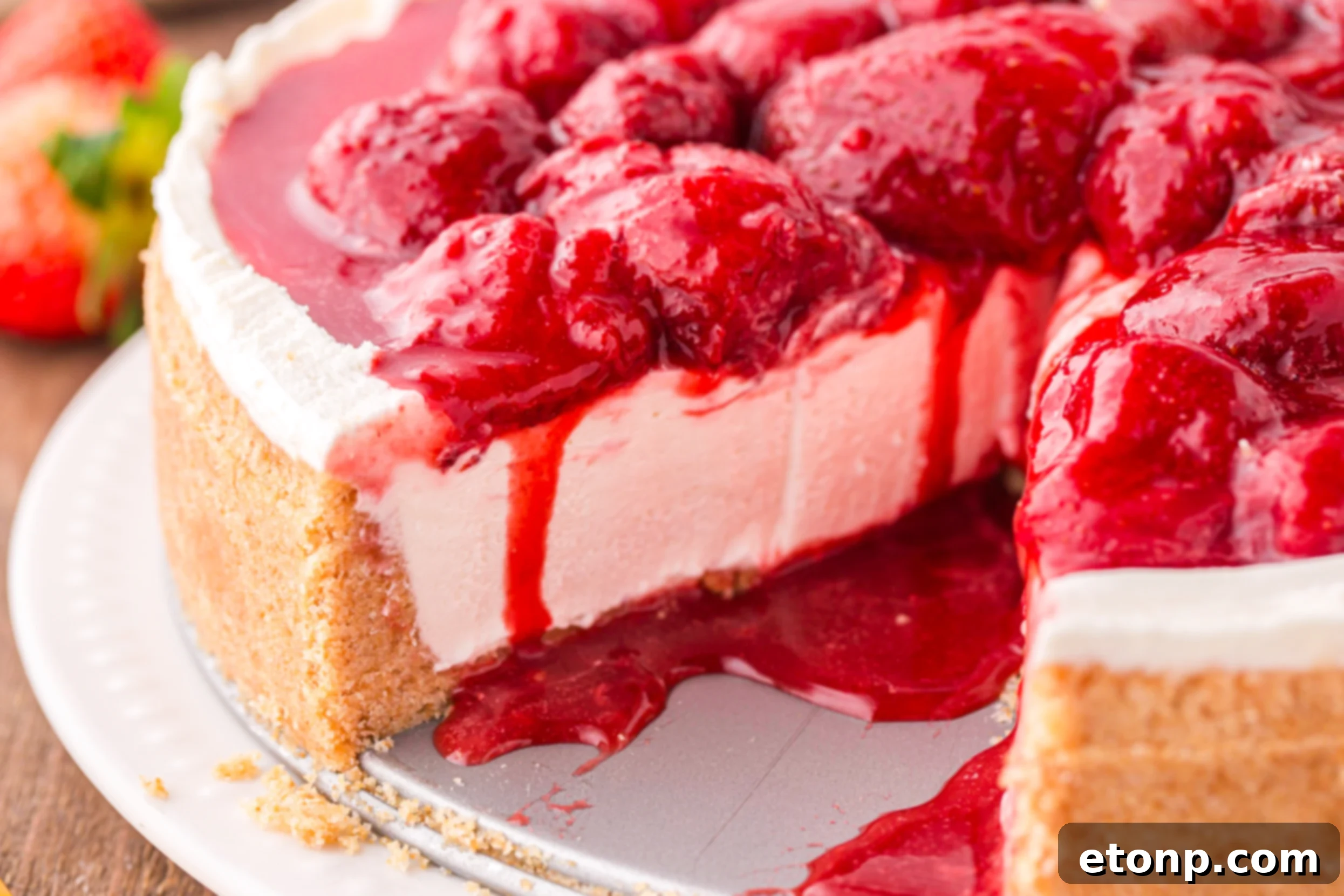 A No Bake Strawberry Cheesecake with a slice thoughtfully removed, offering a clear view of its delightful internal layers.