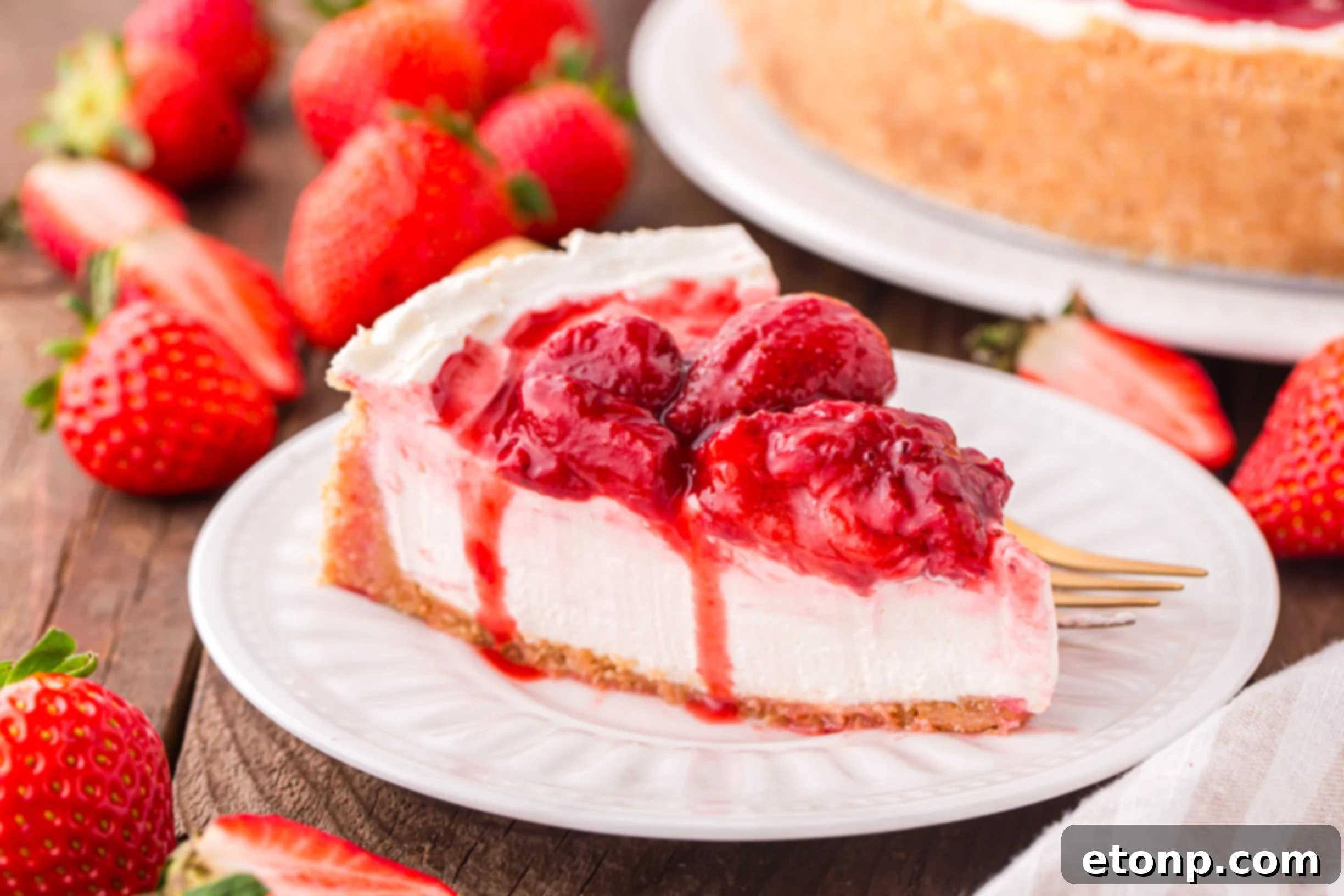 A delightful side view of the No Bake Strawberry Cheesecake on a white plate, generously topped with fresh, juicy strawberries.