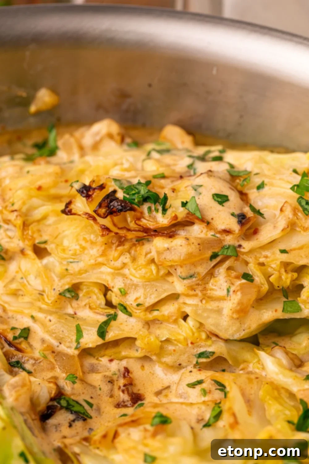 Creamy Garlic Parmesan Cabbage in a pan with some chopped parsley on top 