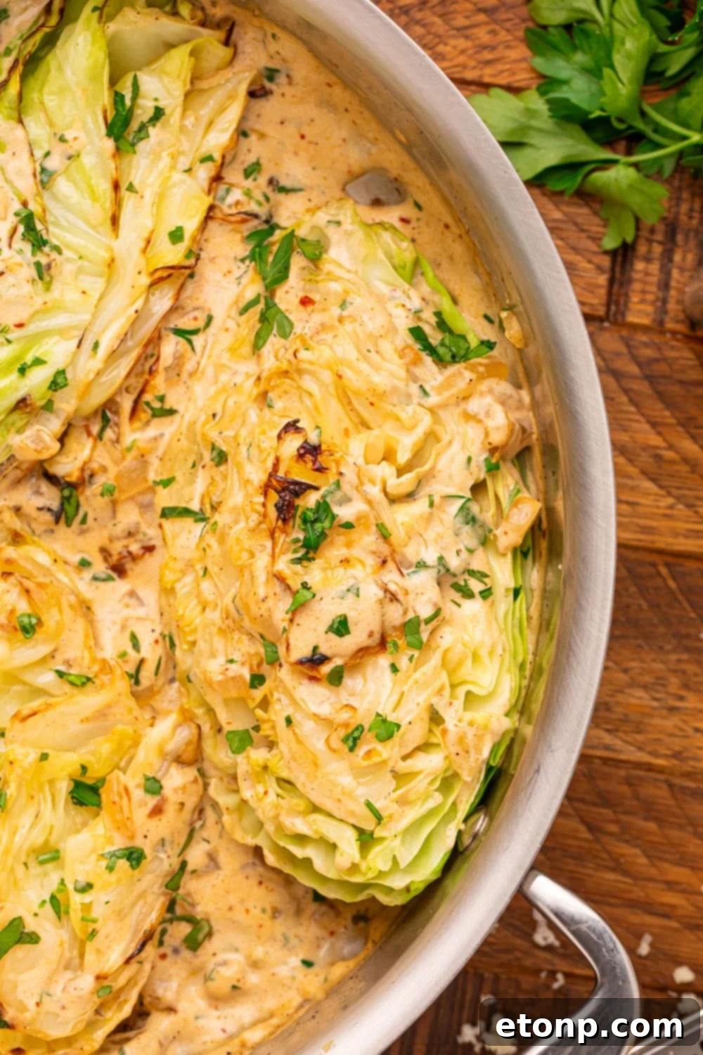 Creamy Garlic Parmesan Cabbage in a skillet sitting on table with a bundle of parsley to side and sprinkled on top of cabbage and sauce in skillet 