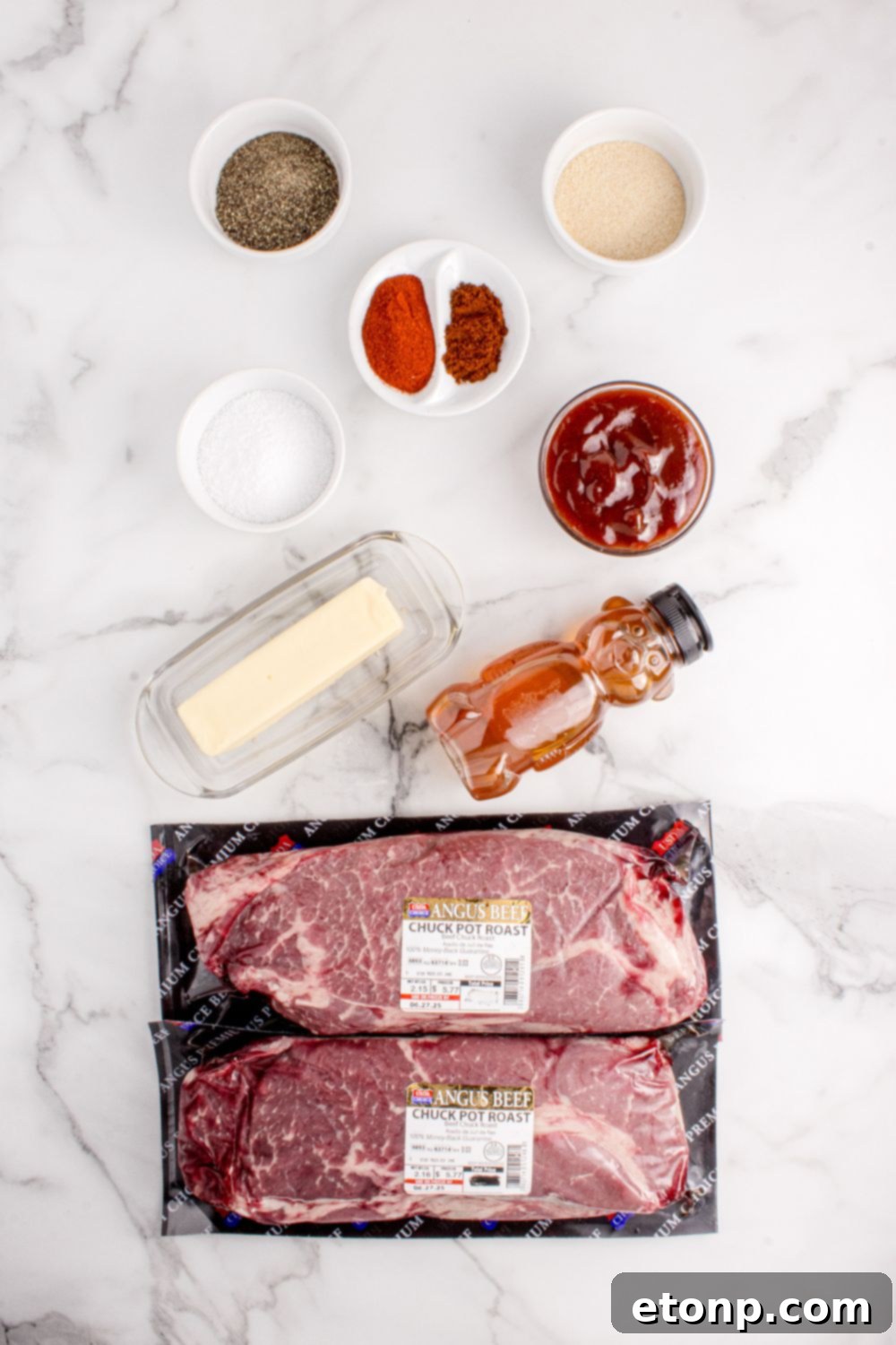 Chuck Roast Burnt Ends ingredients placed nicely on table to show each ingredient in this recipe