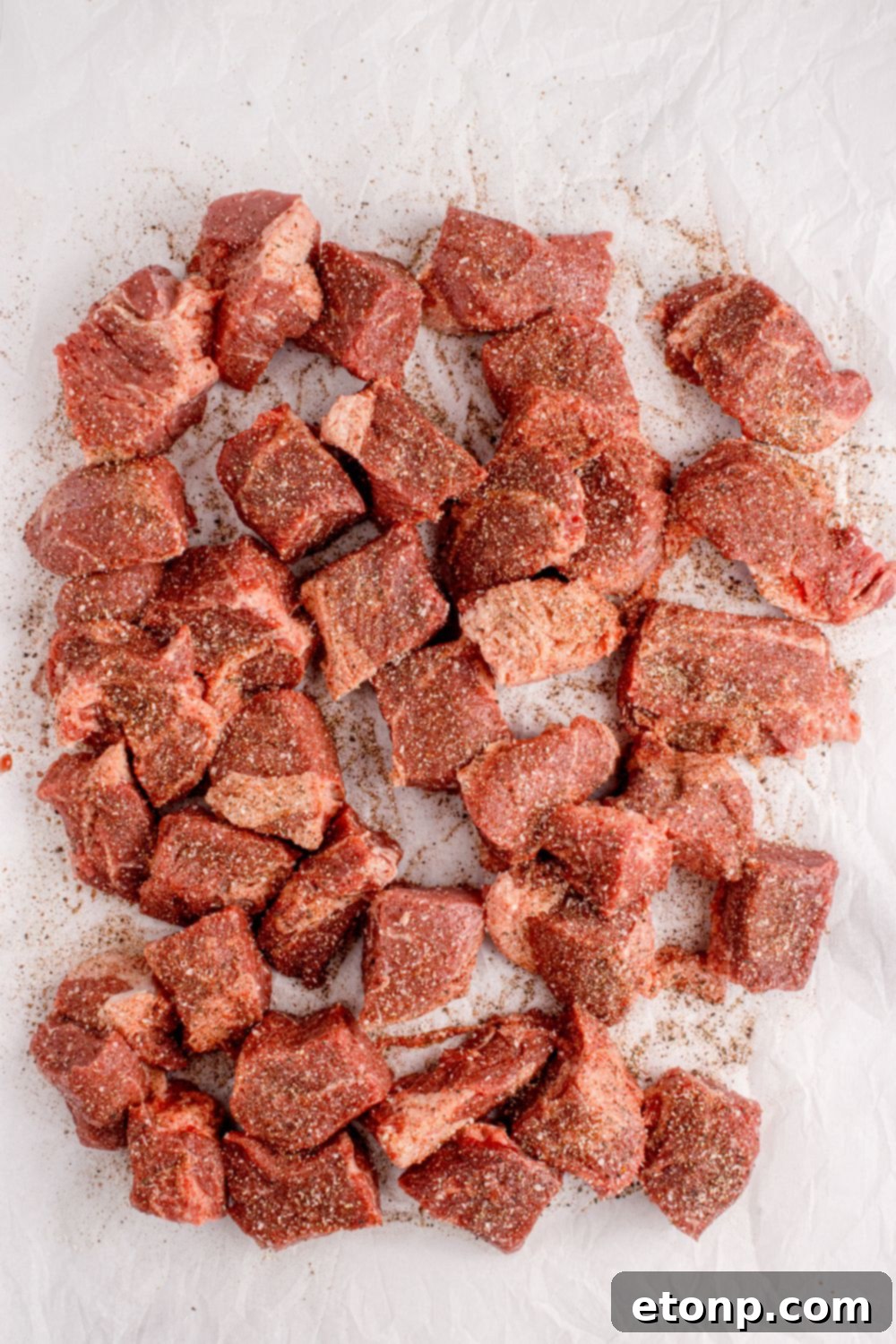 beef cut into cubes that have been seasoned