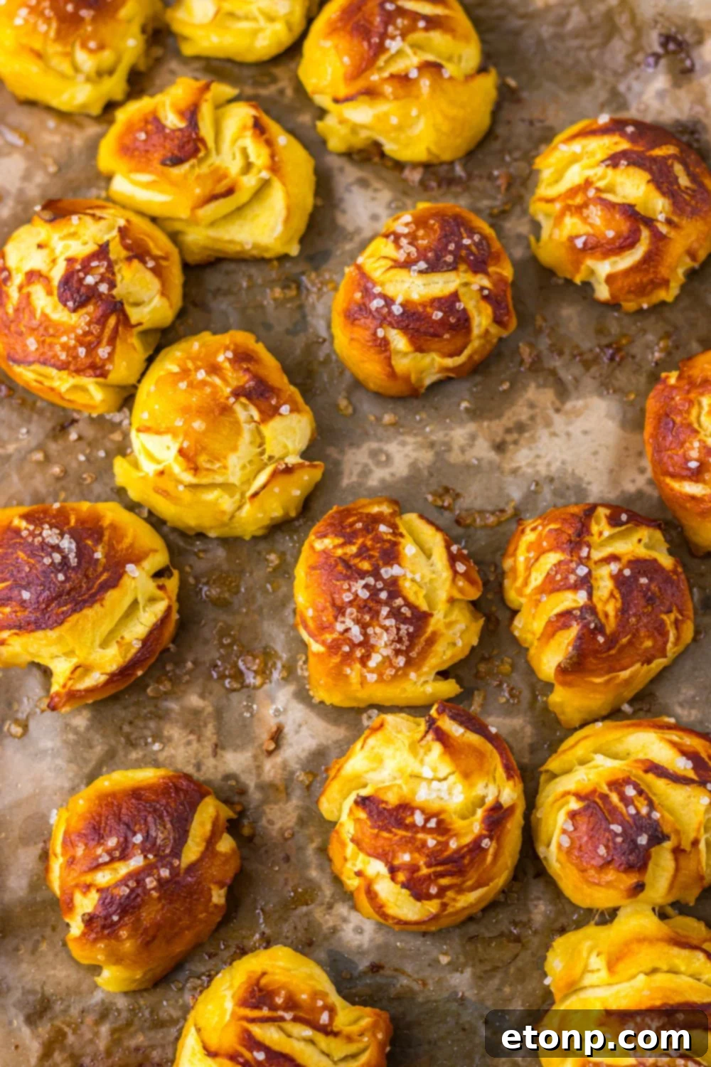 overhead look of pretzel bites on a baking sheet