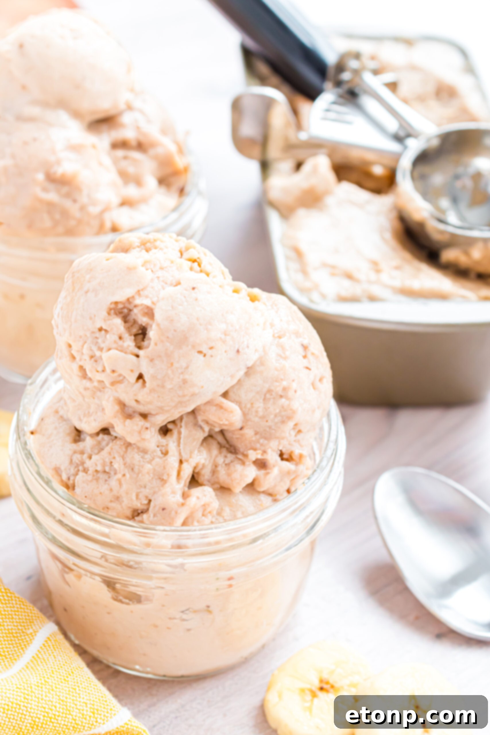 Effortless One-Ingredient Banana Ice Cream 2 Banana Ice Cream in a glass bowl on table with slices of bananas around table