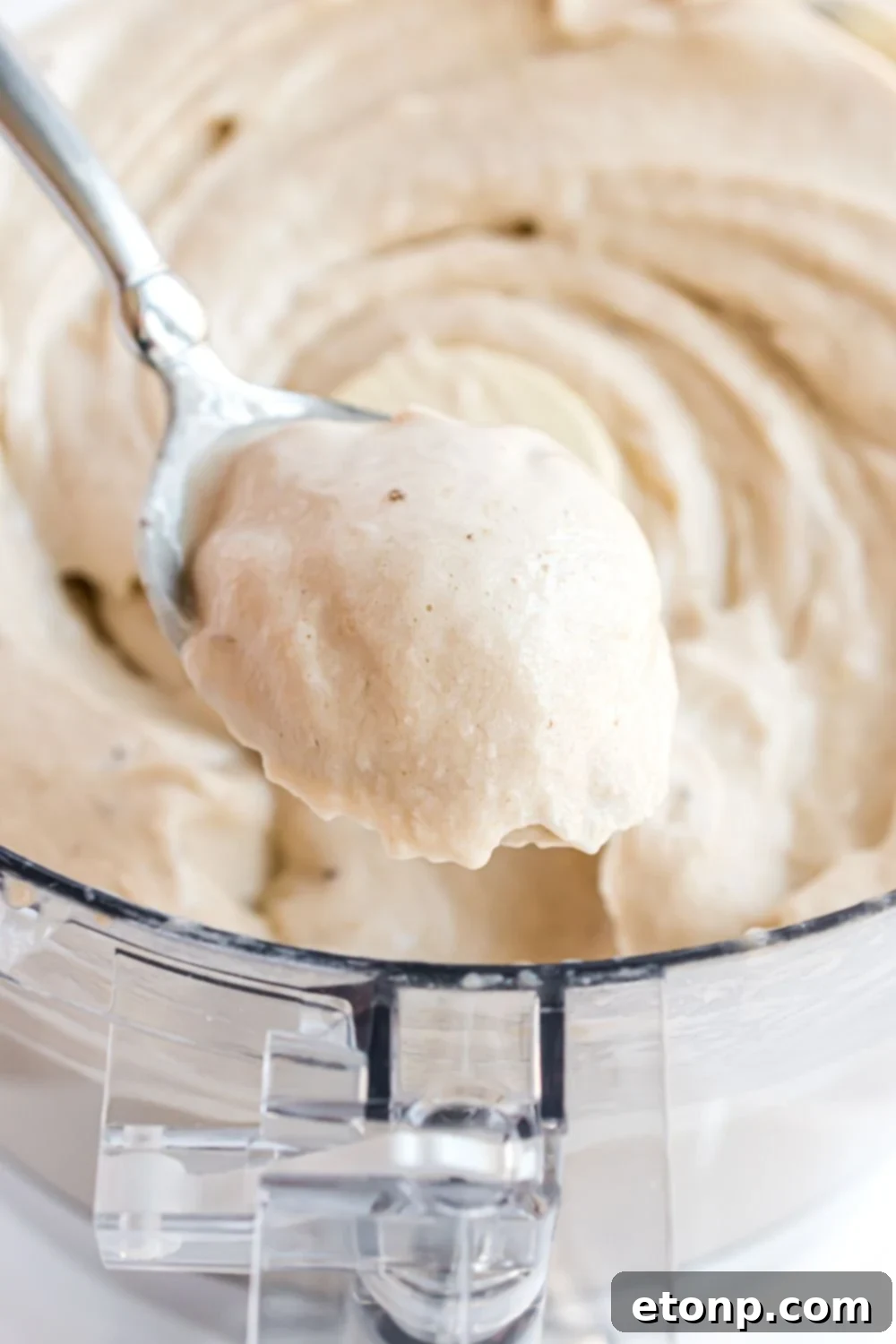 Effortless One-Ingredient Banana Ice Cream 12 Banana Ice Cream in food processor with a spoonful