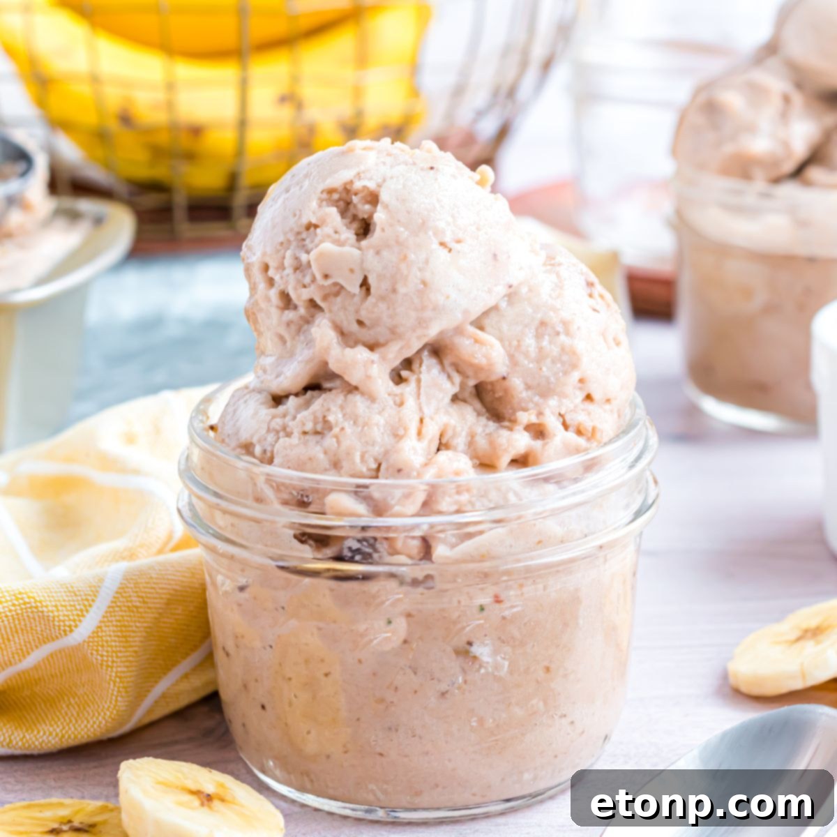 Effortless One-Ingredient Banana Ice Cream 3 Banana Ice Cream in a glass bowl on table with slices of bananas around table