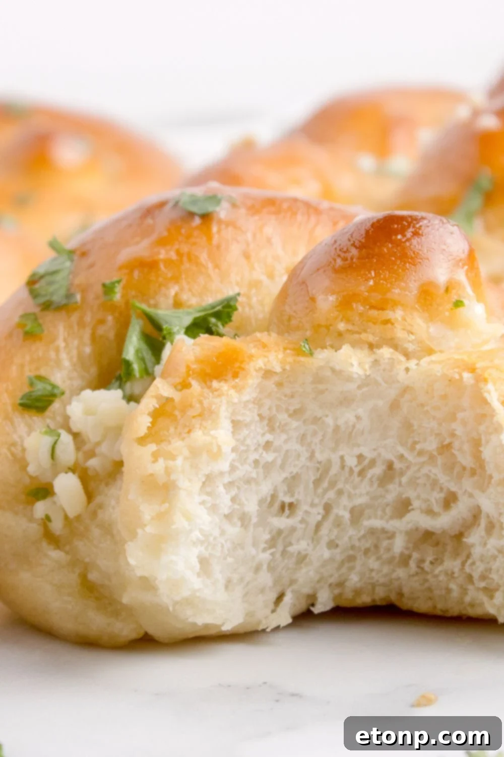 Homemade Garlic Knots spread out on plate with a few more around the table 