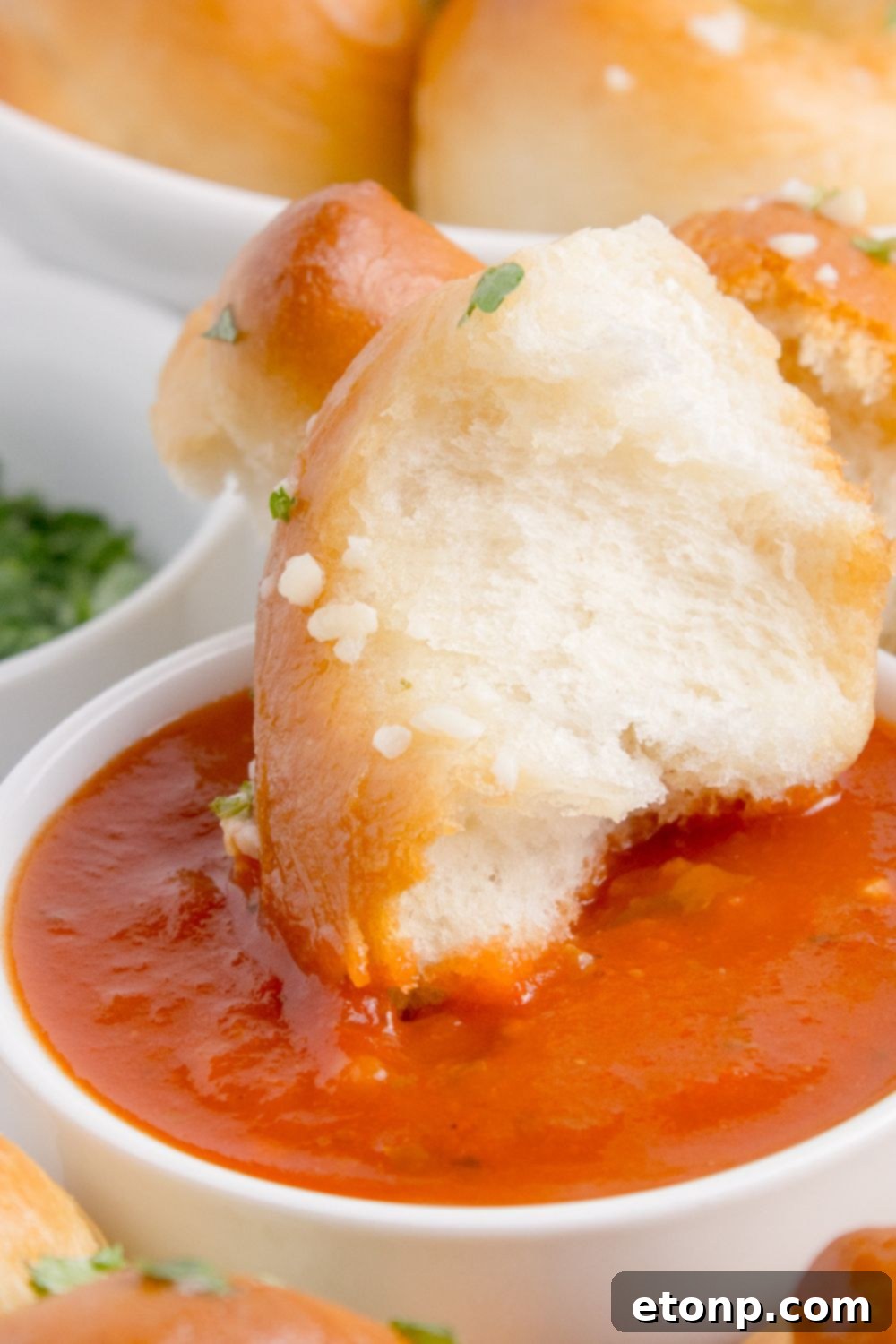 Homemade Garlic Knot being dipped into marinara sauce on table 