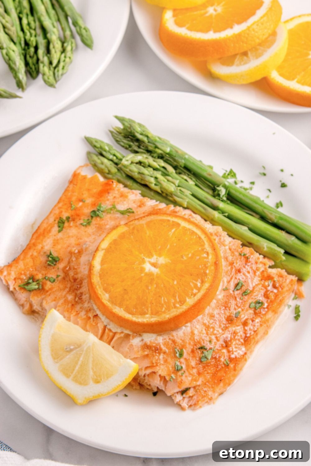 Simple Grilled Honey Mustard Salmon Foil Packets 14 Grilled Honey Mustard Salmon on plate with asparagus