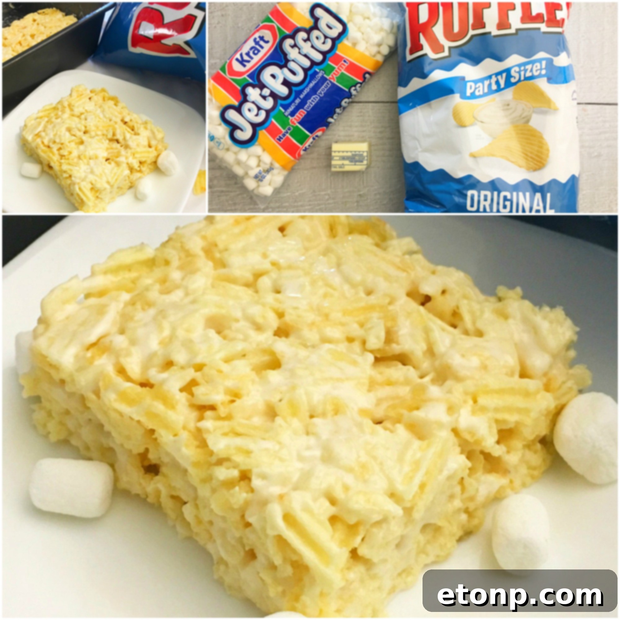 A vibrant collage of multiple Ruffles Krispie Treats images, showcasing different angles and textures of the final product.