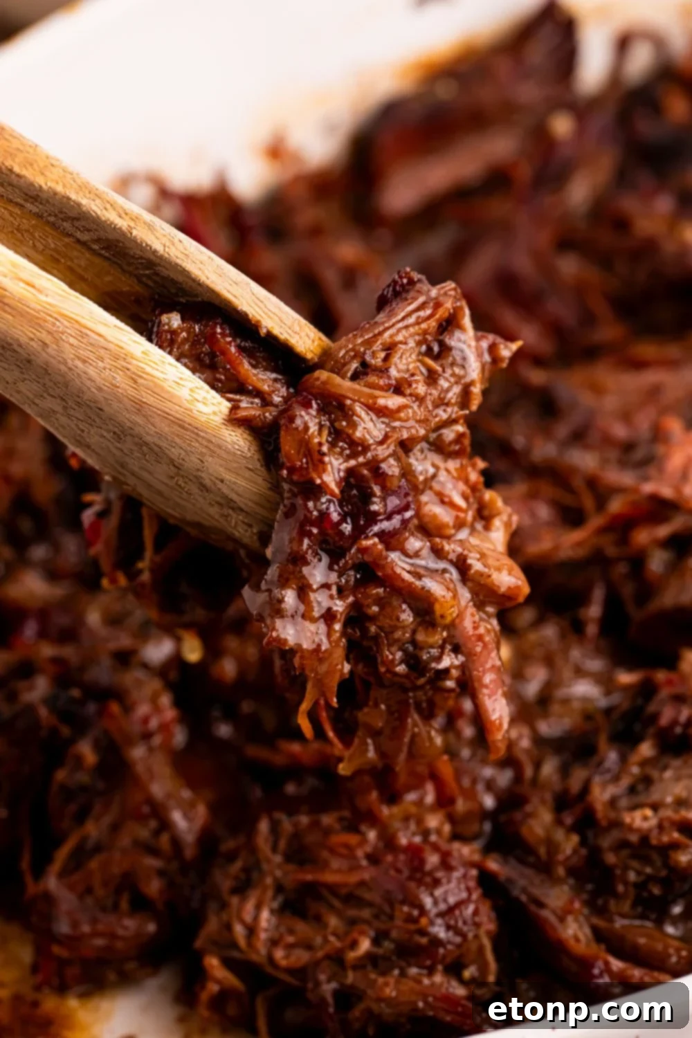 Cranberry Pot Roast shredded with tongs picking up some meat 