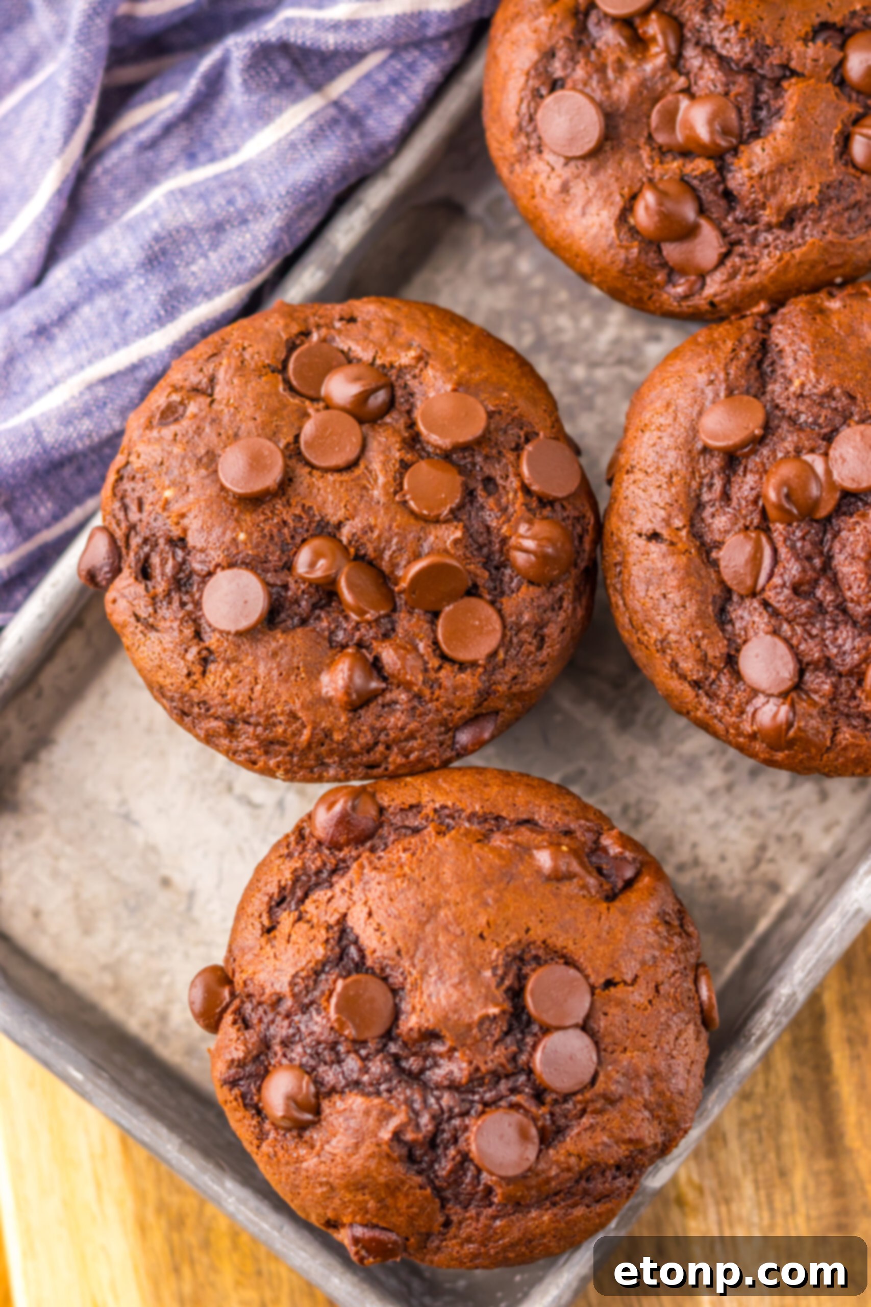 Costco Double Chocolate Muffins Bakery Style Jumbo Rich Moist 17 Overhead shot of freshly baked Costco Double Chocolate Muffins on a silver serving platter.
