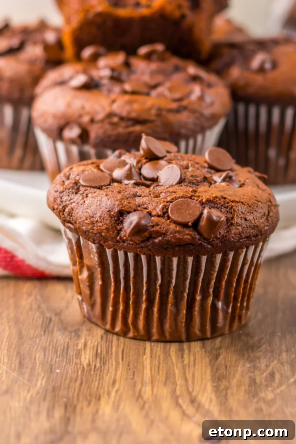 Costco Double Chocolate Muffins Bakery Style Jumbo Rich Moist 18 Close-up of Costco Double Chocolate Muffins on a table with a tray of more muffins in the background.