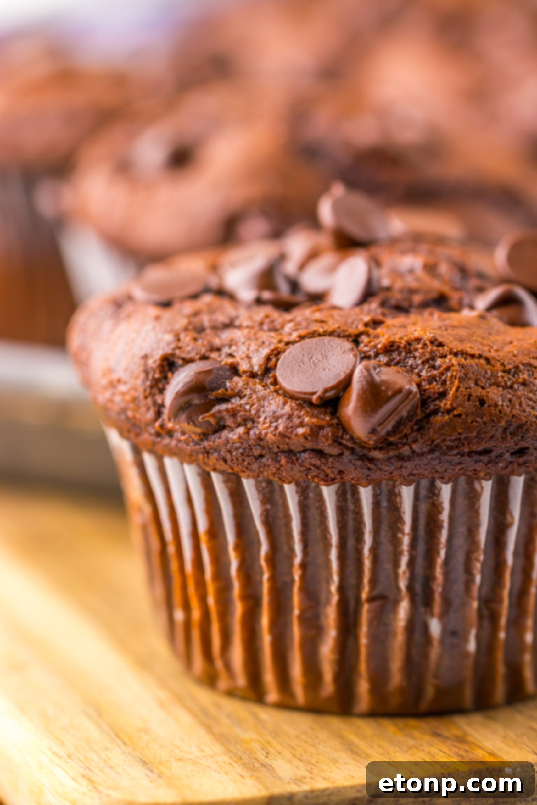 Costco Double Chocolate Muffins Bakery Style Jumbo Rich Moist 20 Close-up side view of a perfectly baked homemade Costco Double Chocolate Muffin.