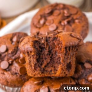 Homemade Costco Double Chocolate Muffins on a plate with one having a bite taken out.