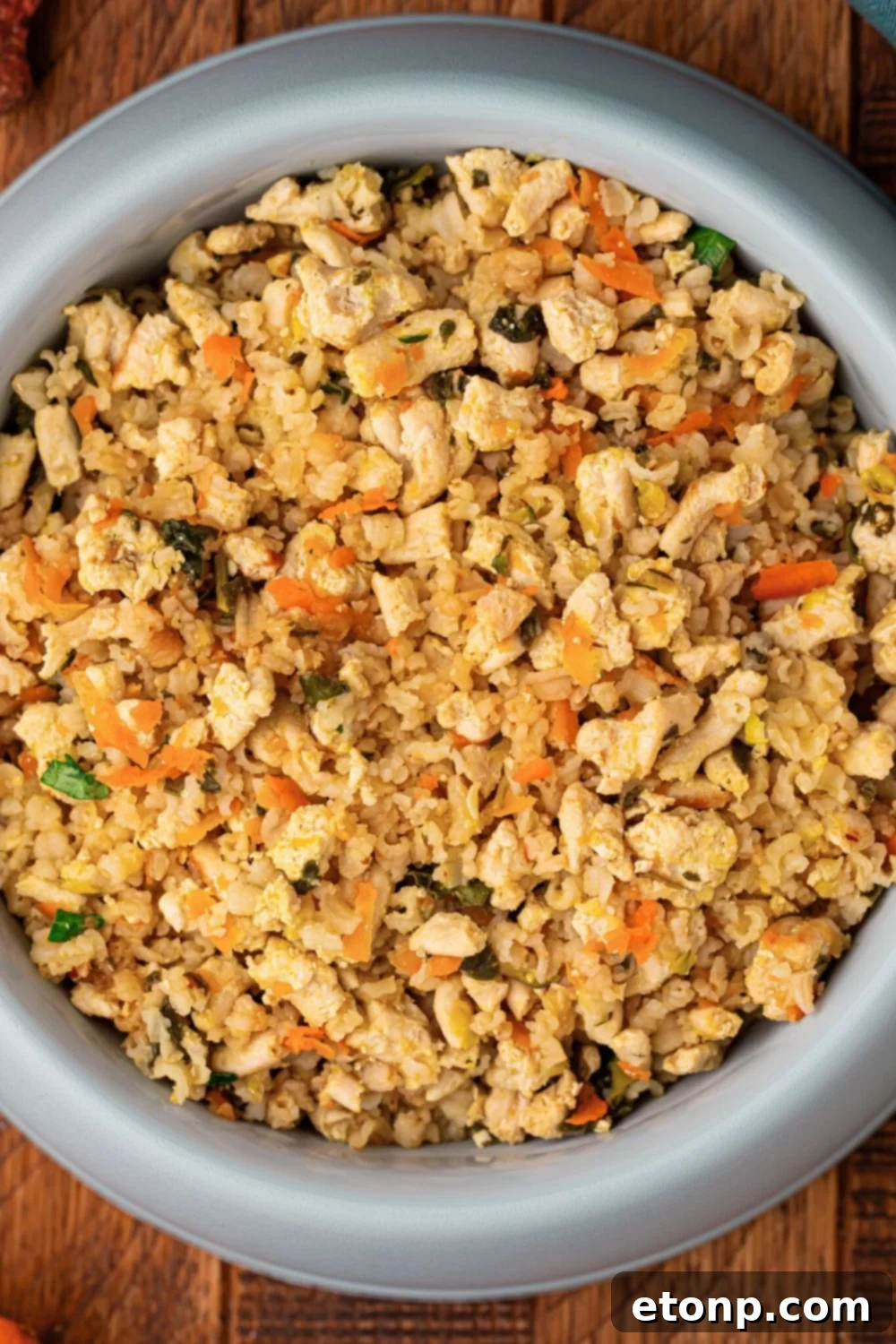 Homemade Turkey and Rice Dog Food with Veggies in a dog bowl on a wooden table 