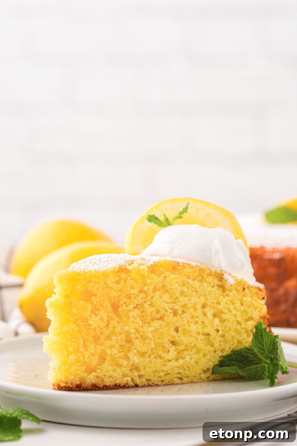 Effortless Italian Lemon Ricotta Cake: Light and Lemony Perfection 13 A side profile view of a table featuring a slice of Italian Lemon Ricotta Cake on a plate, garnished with a fresh mint leaf, adding a touch of elegance.