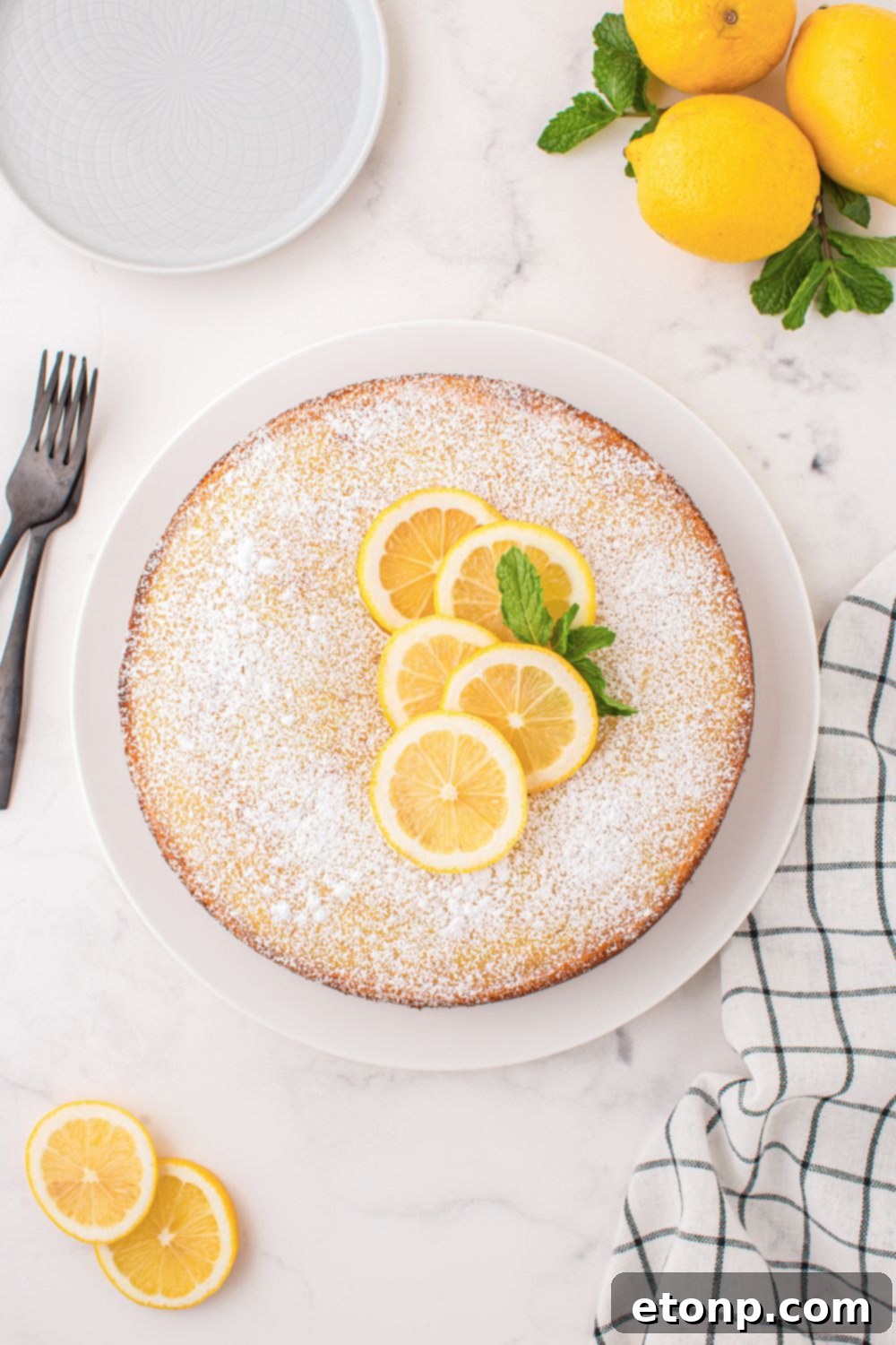 Effortless Italian Lemon Ricotta Cake: Light and Lemony Perfection 14 The Italian Lemon Ricotta Cake, beautifully sprinkled with powdered sugar, is centered on a table, creating an inviting and classic dessert display.