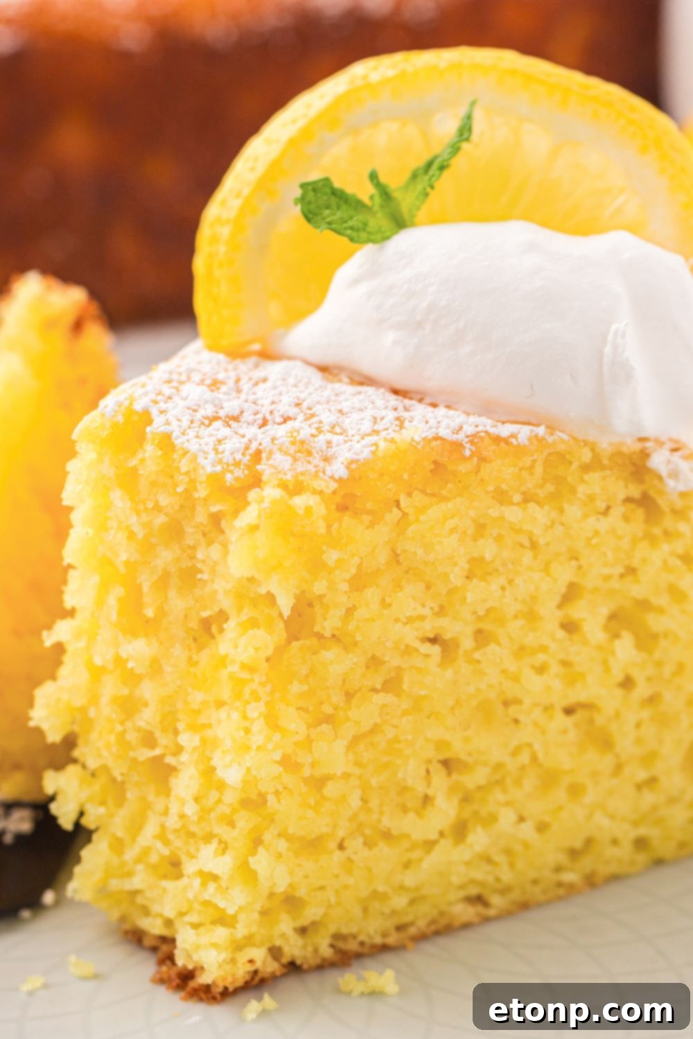 Effortless Italian Lemon Ricotta Cake: Light and Lemony Perfection 15 A close-up view of a slice of Italian Lemon Ricotta Cake on a plate, with a small bite taken from the front, inviting the viewer to taste its deliciousness.