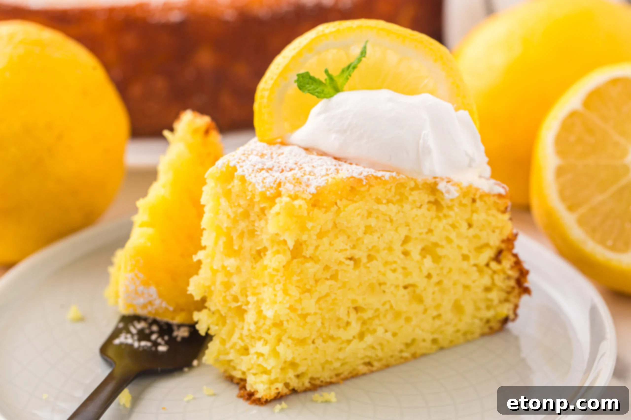 Effortless Italian Lemon Ricotta Cake: Light and Lemony Perfection 17 A slice of Italian Lemon Ricotta Cake on a pristine white plate, with a fork gently taking a bite, highlighting its soft and inviting texture.
