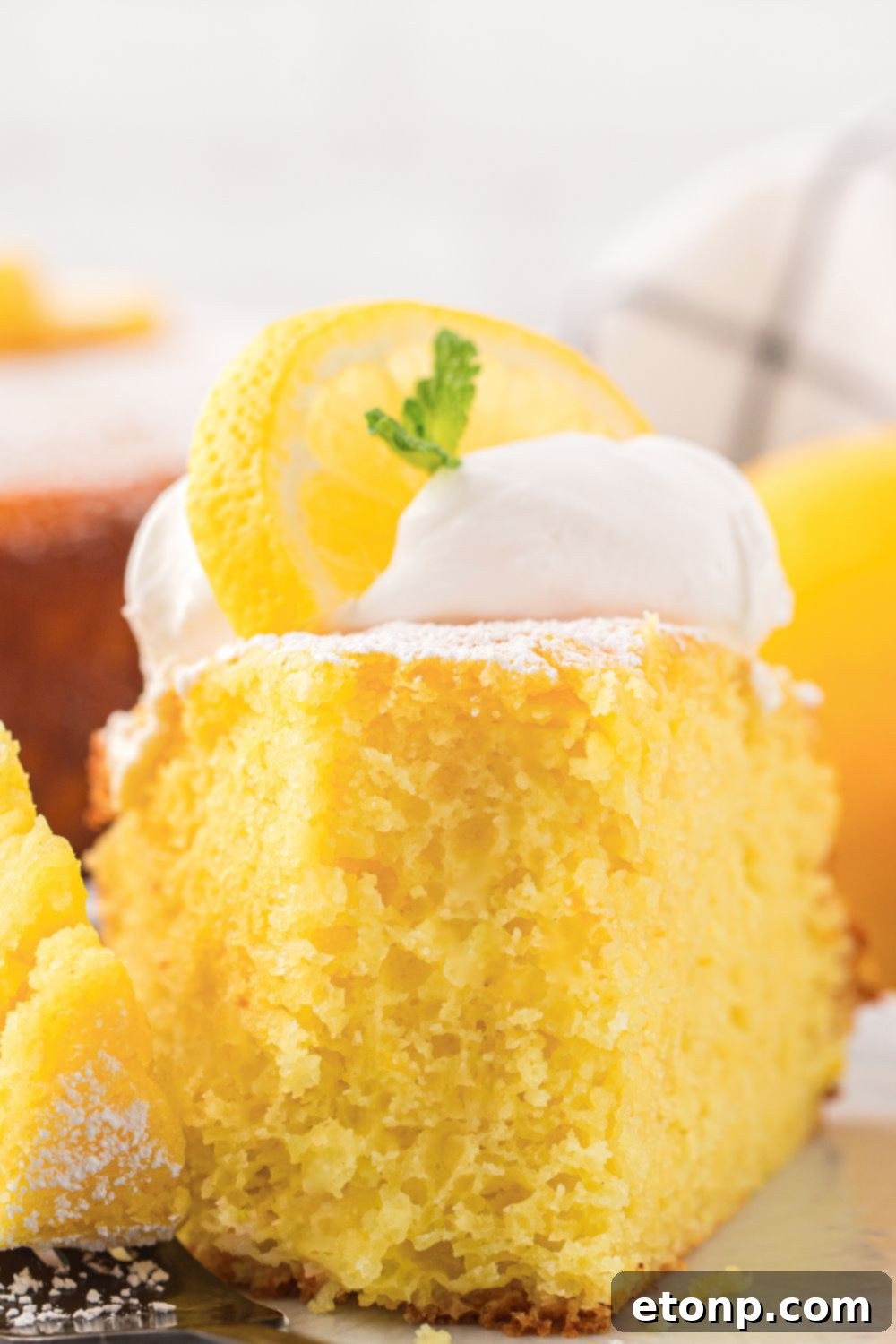 Effortless Italian Lemon Ricotta Cake: Light and Lemony Perfection 21 A close-up shot of a slice of Italian Lemon Ricotta Cake on a plate, with a fork having taken a bite, showcasing its moist texture.