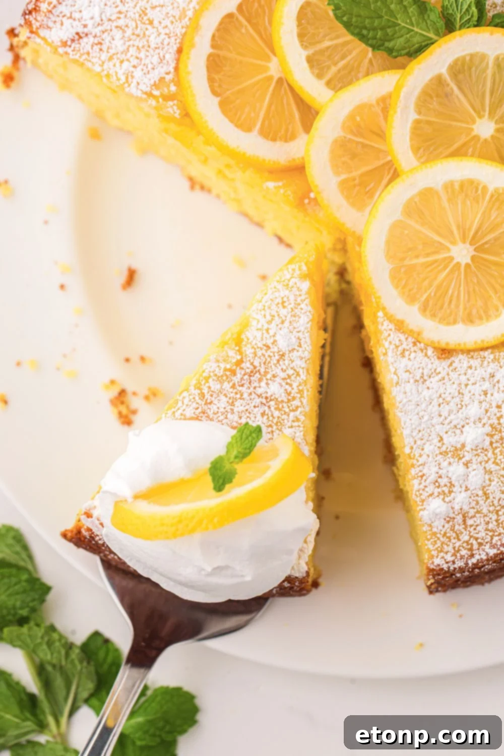 Effortless Italian Lemon Ricotta Cake: Light and Lemony Perfection 5 A beautifully baked Italian Lemon Ricotta Cake is carefully lifted from its platter, with more slices waiting on the table, indicating its popularity and readiness for enjoyment.
