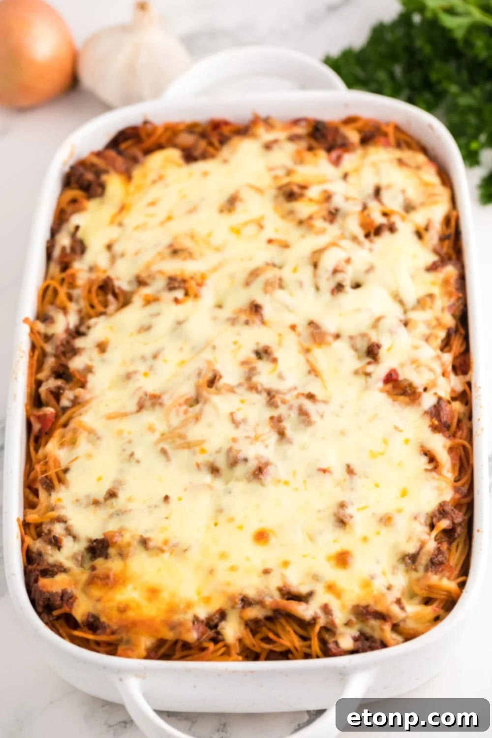 baked Million Dollar Spaghetti Casserole in a dish 