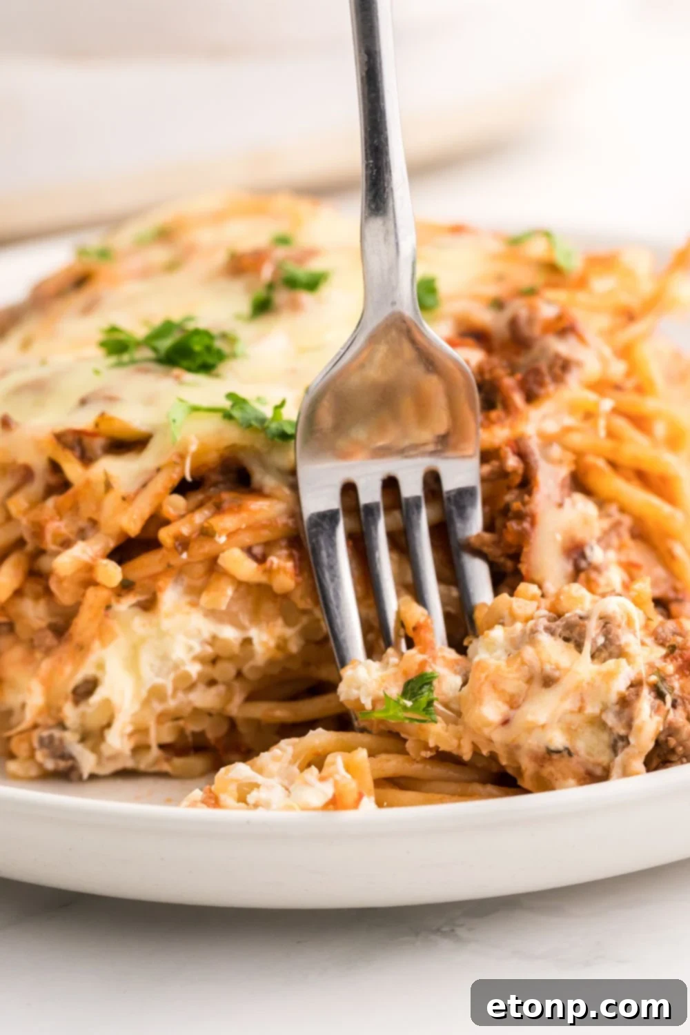 Million Dollar Spaghetti Casserole on a plate with a fork in it 