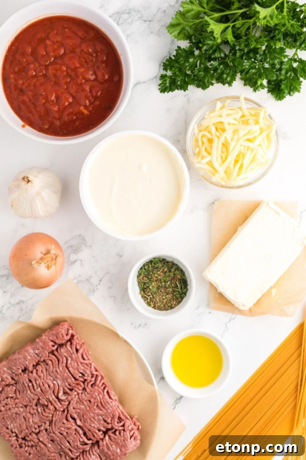 ingredients for Million Dollar Spaghetti Casserole on table 