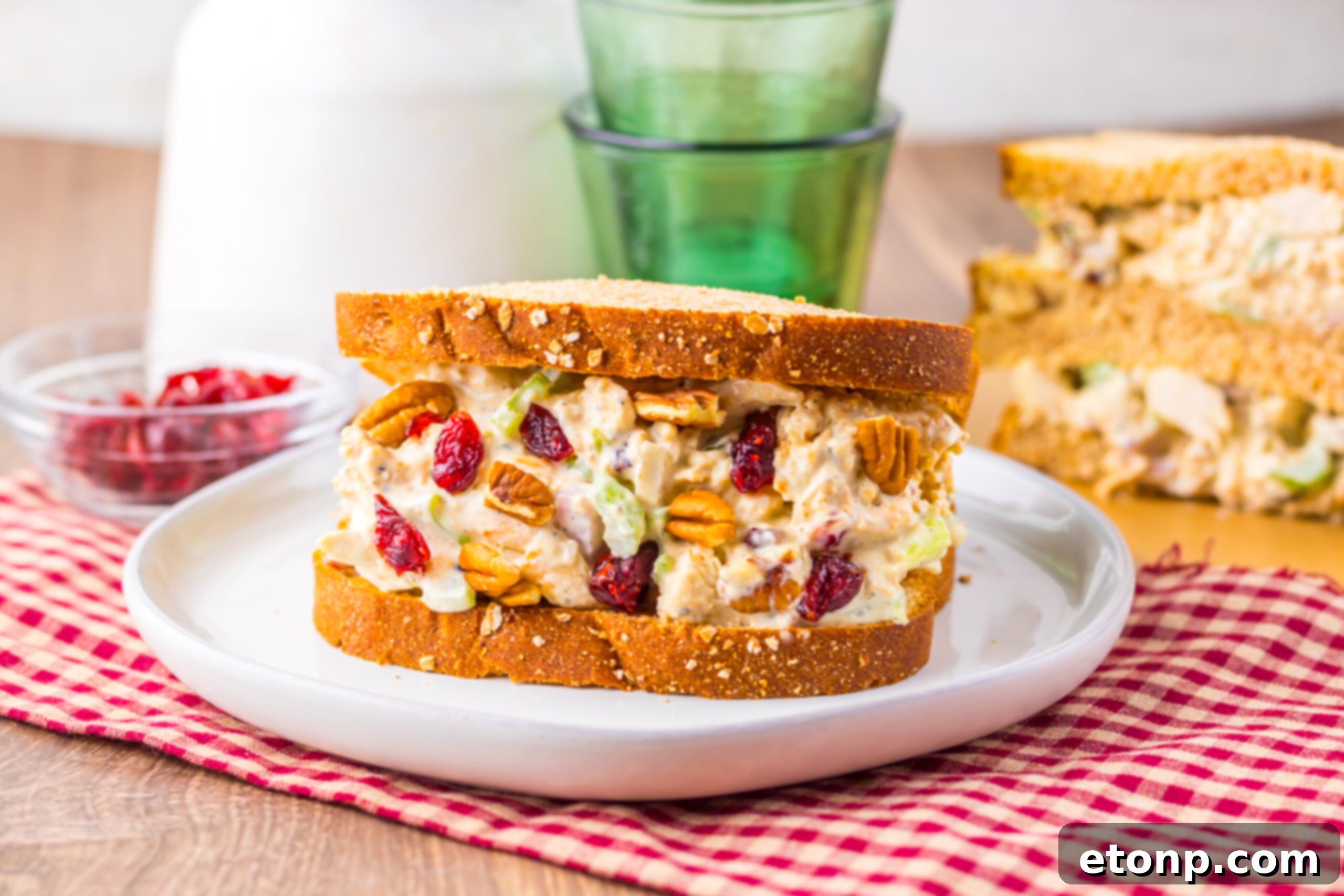 Turkey salad sandwich with cranberries, pecans, and celery on whole grain bread