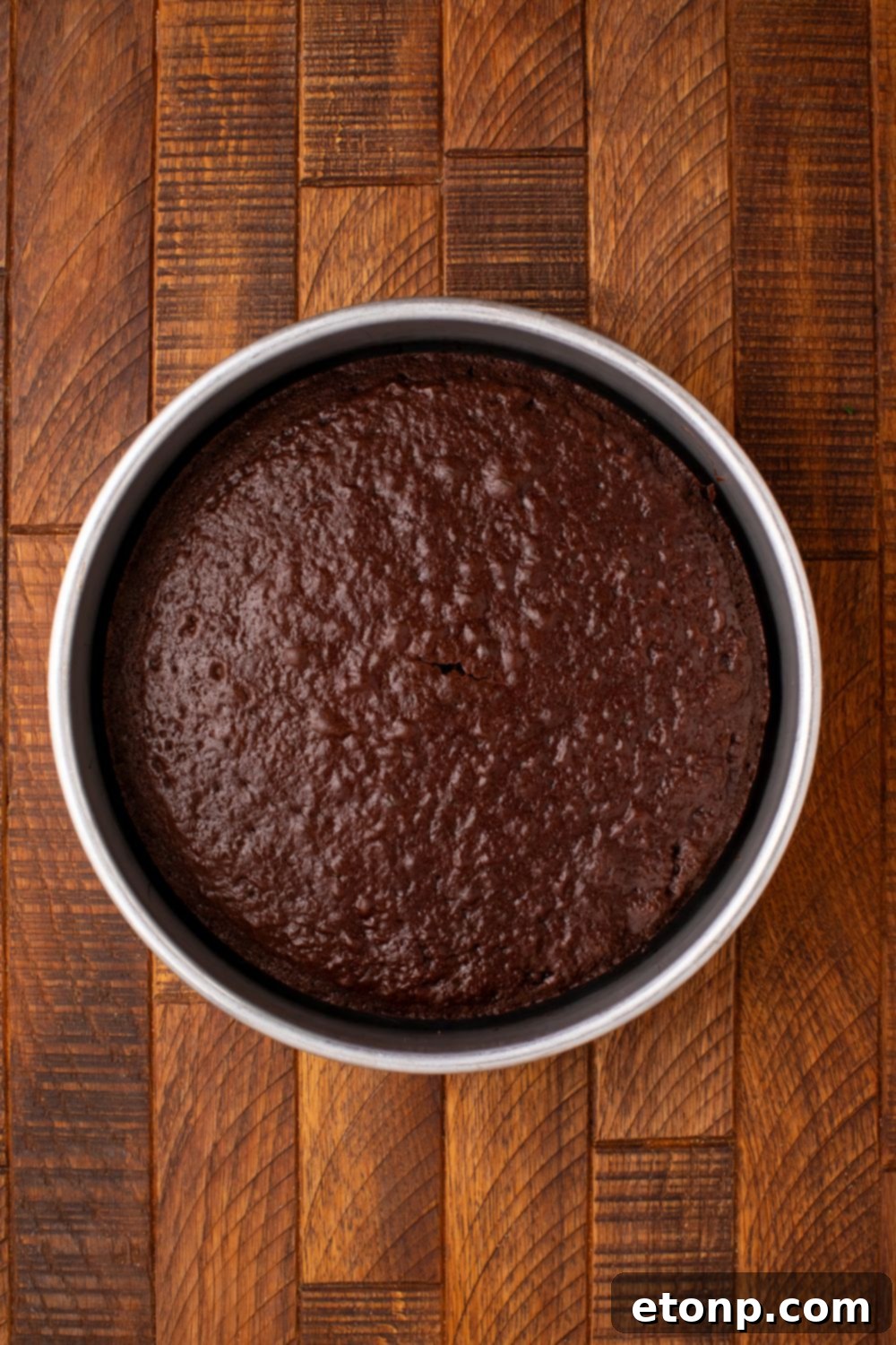 A perfectly baked chocolate cake in a round pan, ready for transformation into a festive Halloween treat.