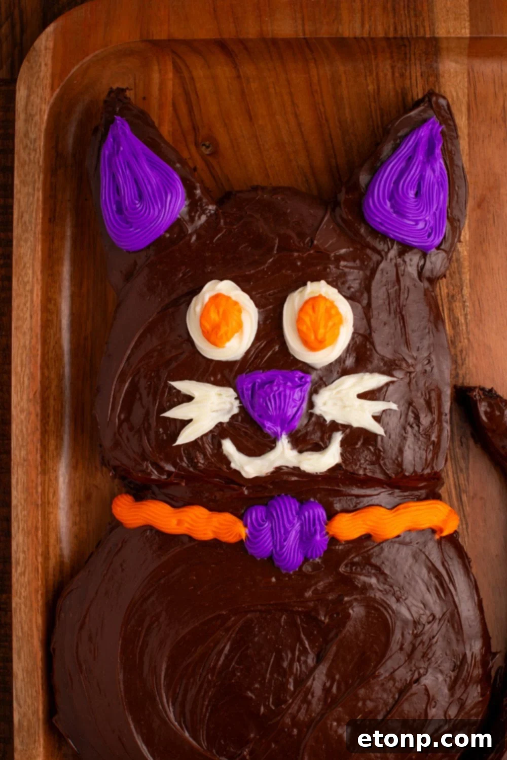 A close-up view of the Halloween black cat cake, showcasing the intricate details of its face and the smooth, dark frosting.