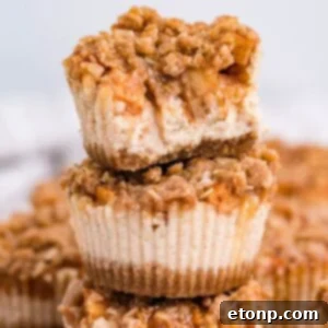 Mini Apple Crisp Cheesecakes stacked on top of one another on table with more spread out behind it on table