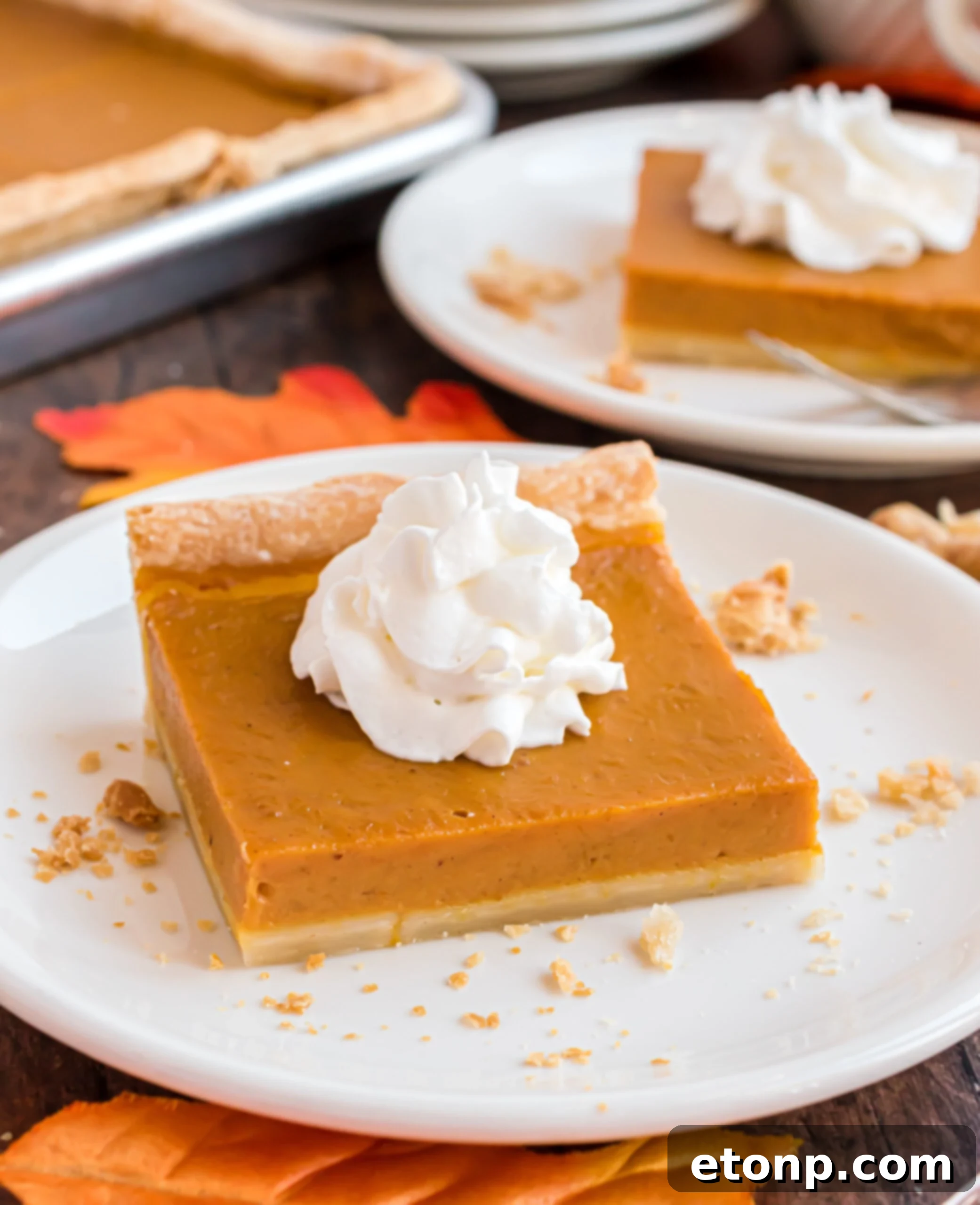 Effortless 4-Ingredient Sheet Pan Pumpkin Pie 2 wooden table decorated for the fall season with white plates topped with slices of pumpkin pie topped with whipped cream.