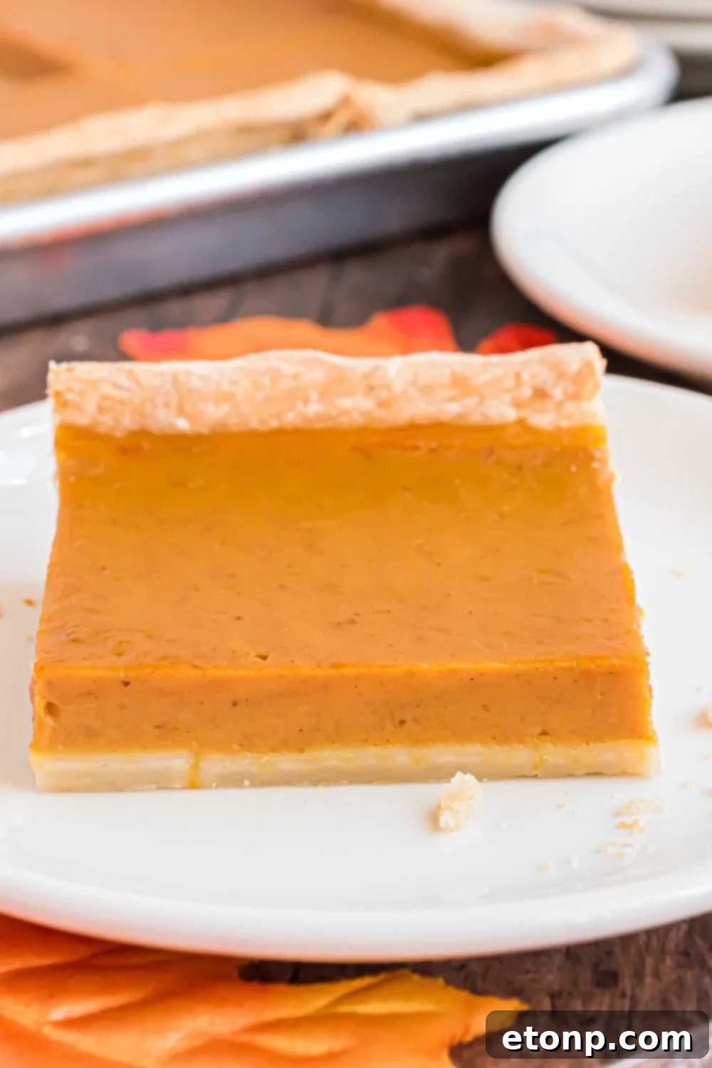 Effortless 4-Ingredient Sheet Pan Pumpkin Pie 13 white plate on table with a square slice of pumpkin pie with more plates with pie around table and a Sheet Pan Pumpkin Pie in background on wooden table
