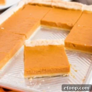 Effortless 4-Ingredient Sheet Pan Pumpkin Pie 24 metal sheet pan sitting on table with a few slices of the pie gone to show how many slices of pie you get out of this slab pie recipe